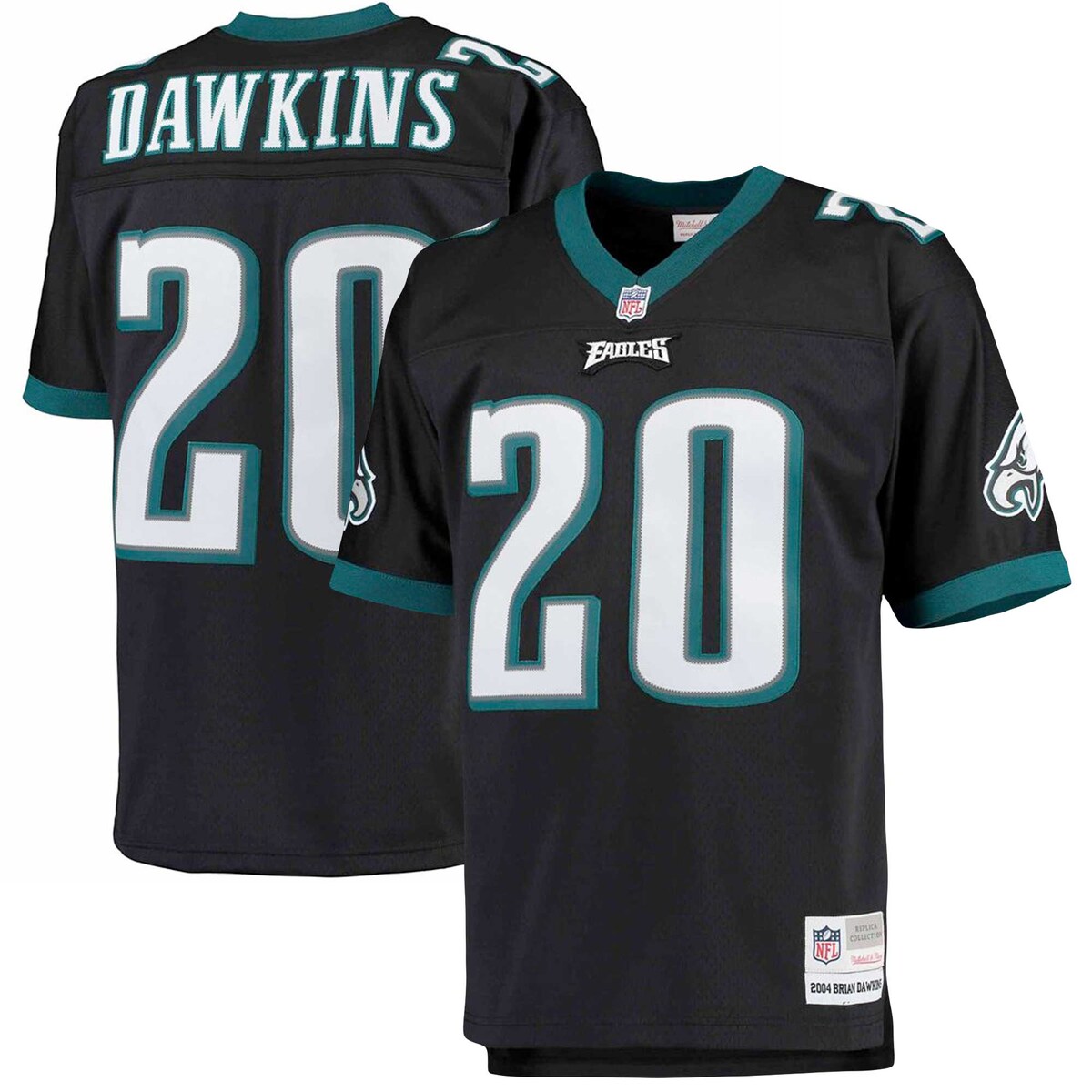 Wear your enthusiasm for the Philadelphia Eagles proudly when you get this Brian Dawkins 2004 Retired Player replica jersey from Mitchell & Ness.V-neckMachine wash, tumble dry lowOfficially licensedImportedBrand: Mitchell & NessDrop tail hem with side splitsWoven jock tag on bottom left hemMesh bodyShort sleeveTackle twill appliqueBack neck tapingRib-knit collar and cuffsFront and back yoke seamsSizing Tip: Product runs large. We recommend ordering one size smaller than you normally wear.Fabric applique graphics and NFL shieldMaterial: 100% Polyester