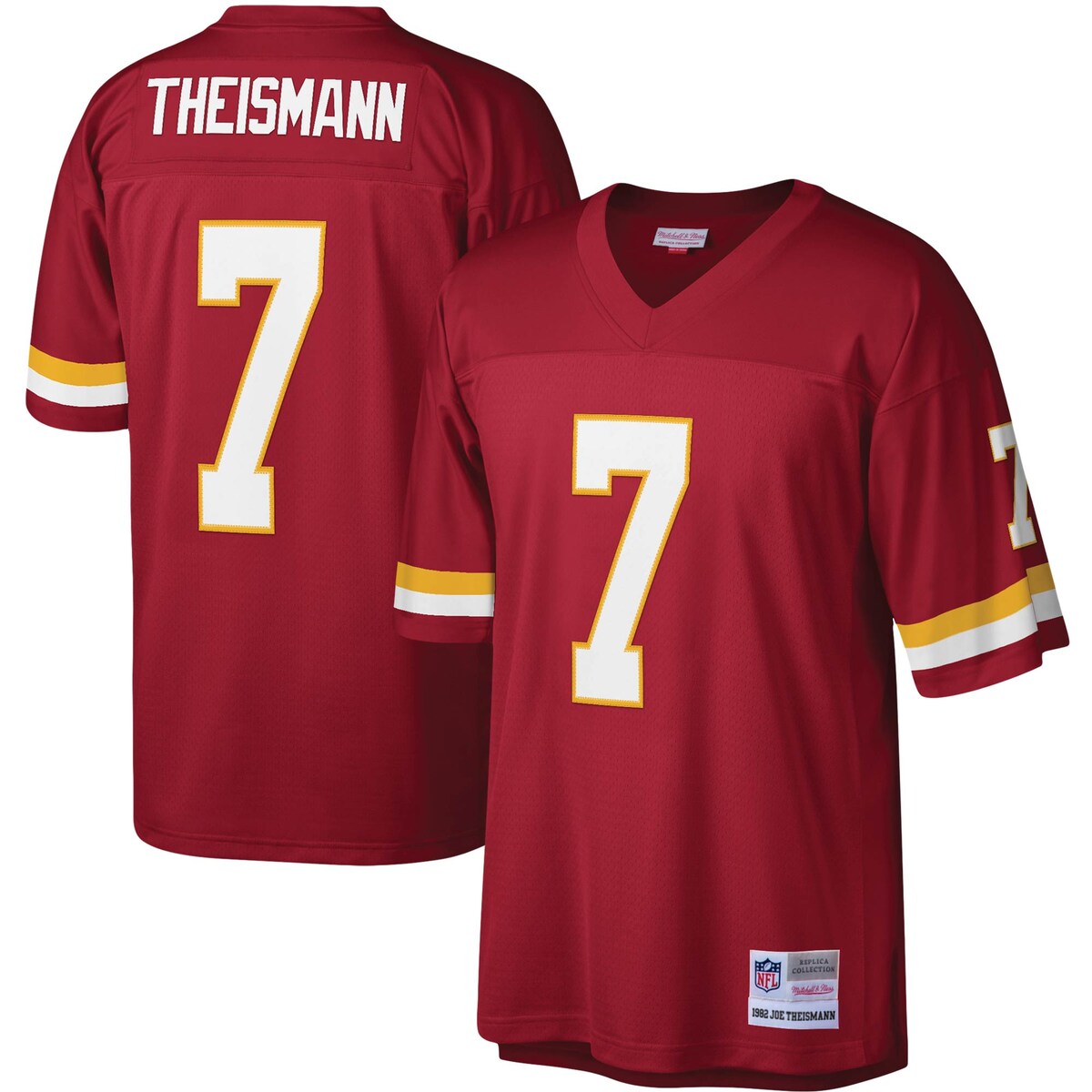 You're a massive Washington Football Team fan and also loved watching Joe Theismann play. Now you can show off your fandom for both when you get this Joe Theismann Washington Football Team Legacy replica jersey from Mitchell & Ness. It features distinctive throwback Washington Football Team graphics on the chest and back, perfect for wearing at a home game. By wearing this jersey, you'll be able to feel like you're reliving some of the great plays that Joe Theismann accomplished to lead the Washington Football Team to glory.Officially licensedReplicaMaterial: 100% PolyesterEmbroidered twill graphicsFabric applique sewn onSublimated rib-knit sleeve insertsWoven tags at bottom hemMesh fabricSide splits at waist hemV-neckBrand: Mitchell & NessImportedShort sleevesMachine wash, line dryEmbroidered NFL Shield at collar