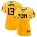 The confluence of three rivers and steel built Pittsburgh into the city it is today. This Pittsburgh Pirates Ke'Bryan Hayes 2023 City Connect Replica Player Jersey from Nike honors those tenants of the city. The "Y" design on the jersey represents the meeting of the Allegheny, Monongahela and Ohio River while the star is an homage to Pittsburgh's rich history in the steel industry. The arched wordmark highlights the bridges that connect the city of Pittsburgh. All those details come together to create the perfect jersey for all those who bleed black and gold.Rounded hem with satin woven jock tagReplicaMLB Batterman logo on back neckMaterial: 100% PolyesterOfficially licensedFull-button frontMachine wash, tumble dry lowStandard fitBrand: NikeImportedShort sleeveHeat-applied twill team and player details