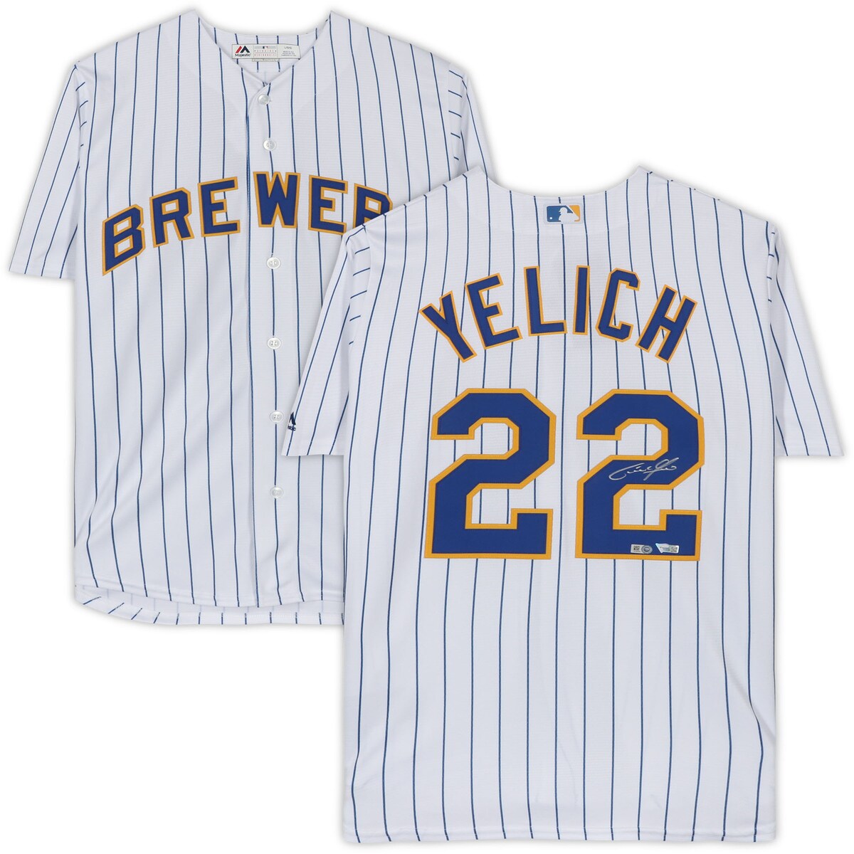 If your favorite Milwaukee Brewers player is Christian Yelich, then be sure to add this White Pinstripe Majestic Replica Jersey to your collection. After spending the first five years of his career with the Miami Marlins, Yelich would be traded to the Brewers in 2018. In his first year with the team, he posted 36 home runs, 110 RBI and 187 total hits with a .326 batting average, which was good enough for him to win his first NL MVP. On top of his MVP, he took home an All-Star selection, Silver Slugger Award, NL Hank Aaron Award and an NL batting championship. Except for the MVP, he would win all of those awards again in 2019, while also adding a First-Team All-MLB selection. There is no doubt that Christian Yelich will be a key member of the Milwaukee Brewers for years to come, so show your excitement by making this signed memorabilia part of your collection.Includes an individually numbered tamper-evident hologramOfficially licensedImportedSignature may varyAutographed jerseyBrand: Fanatics Authentic