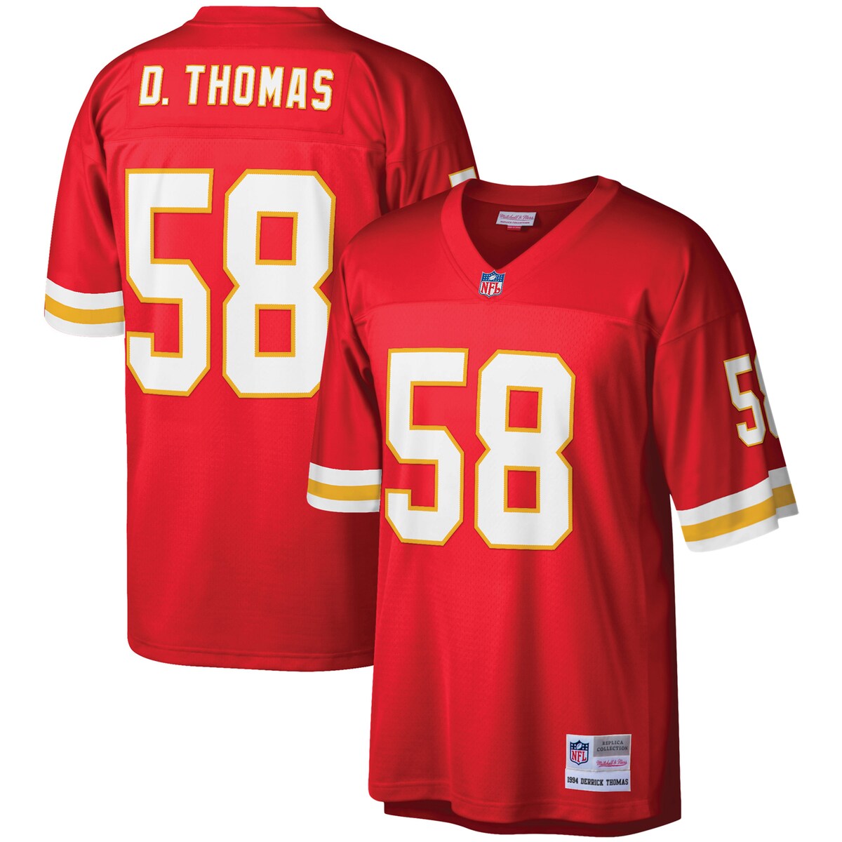 You're a massive Kansas City Chiefs fan and also loved watching Derrick Thomas play. Now you can show off your fandom for both when you get this Derrick Thomas Kansas City Chiefs Legacy replica jersey from Mitchell & Ness. It features distinctive throwback Kansas City Chiefs graphics on the chest and back, perfect for wearing at a home game. By wearing this jersey, you'll be able to feel like you're reliving some of the great plays that Derrick Thomas accomplished to lead the Kansas City Chiefs to glory.Officially licensedFabric applique sewn onSublimated rib-knit sleeve insertsMaterial: 100% PolyesterWoven tags at bottom hemReplicaMesh fabricEmbroidered twill graphicsV-neckShort sleevesImportedMachine wash, line dryBrand: Mitchell & NessSide splits at waist hemEmbroidered NFL Shield at collar