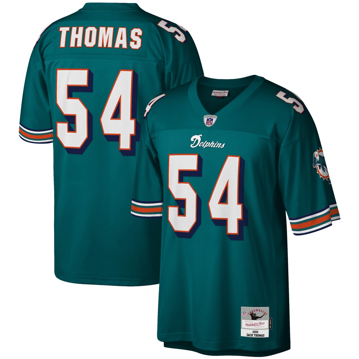 You're a massive Miami Dolphins fan and also loved watching Zach Thomas play. Now you can show off your fandom for both when you get this Zach Thomas Miami Dolphins Legacy replica jersey from Mitchell & Ness. It features distinctive throwback Miami Dolphins graphics on the chest and back, perfect for wearing at a home game. By wearing this jersey, you'll be able to feel like you're reliving some of the great plays that Zach Thomas accomplished to lead the Miami Dolphins to glory.Officially licensedReplicaEmbroidered twill graphicsFabric applique sewn onMaterial: 100% PolyesterSublimated rib-knit sleeve insertsShort sleevesWoven tags at bottom hemMachine wash, line dryImportedMesh fabricBrand: Mitchell & NessSide splits at waist hemV-neckEmbroidered NFL Shield at collar