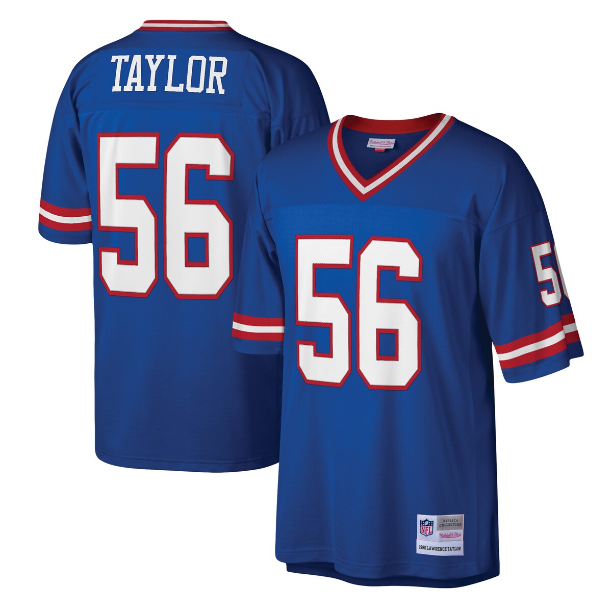 You loved watching Lawrence Taylor control the football field in his prime. Now you can show off your appreciation for his storied career with this New York Giants Legacy Replica jersey from Mitchell & Ness. It features distinctive throwback team graphics on the chest and back, perfect for wearing at home or at the game. By wearing this jersey, you'll feel like you're reliving some of your favorite player's greatest plays from his glory days.Brand: Mitchell & NessOfficially licensedImportedDroptail hem with side slitsMachine wash, line dryTackle twill graphicsScreen print accentsMesh bodiceSizing Tip: Product runs true to size. If you are in between sizes, we recommend ordering the smaller size.Material: 100% PolyesterRib-knit v-neck collarWoven tags at bottom hem