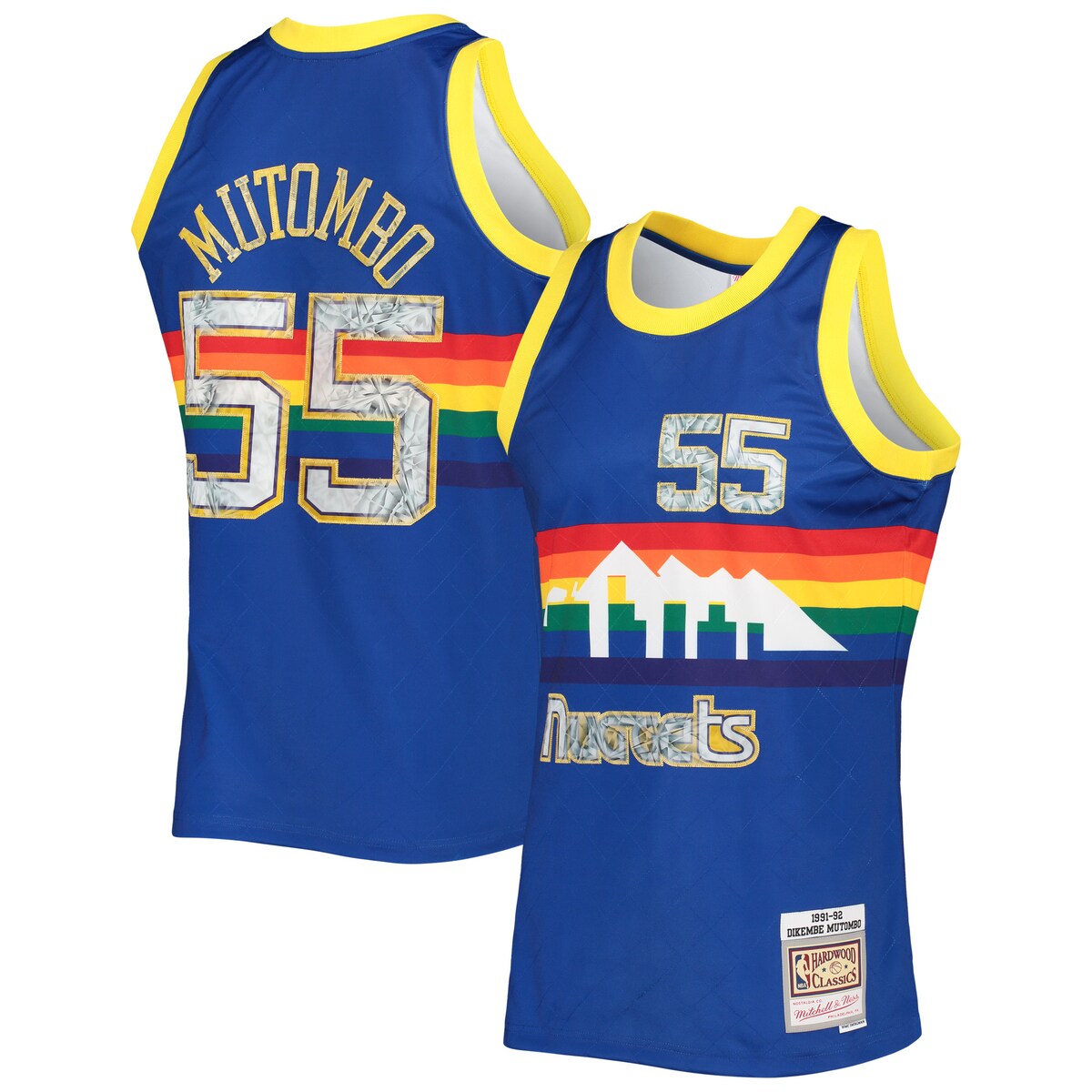 For the NBA's 75th anniversary, throw it back to one of the stars of the Denver Nuggets with this 1996/97 Dikembe Mutombo Hardwood Classics Diamond Swingman jersey from Mitchell & Ness. It features faux diamond details for the league's big milestone and that old-school design Dikembe Mutombo used to wear back in the day. This authentic piece of gear is a great way to mesh past and present as you get fired up for game day.Officially licensedStitched holographic applique with faux diamond patternSwingman ThrowbackImportedSleevelessMaterial: 100% PolyesterWoven jock tag at hemMachine wash, line dryStitched designBrand: Mitchell & NessSide splits at waist hem