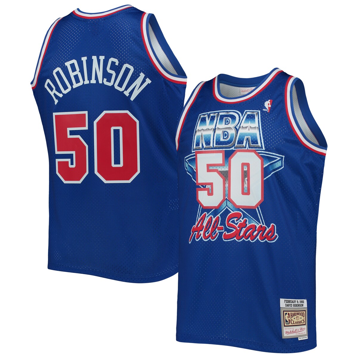 Rep one of your all-time favorite pros with this David Robinson Hardwood Classics Swingman jersey from Mitchell & Ness. The throwback Western Conference details are inspired by the 1992 NBA All-Star Game. Every stitch on this jersey is tailored to exact event specifications, delivering outstanding quality and a premium feel.Swingman ThrowbackOfficially licensedRib-knit collar and arm openingsMaterial: 100% PolyesterWoven jock tagHeat-sealed NBA logoCrew neckMachine wash, line drySide splits at waist hemWoven tag with player detailsImportedBrand: Mitchell & NessTackle twill graphicsSleevelessMesh fabric