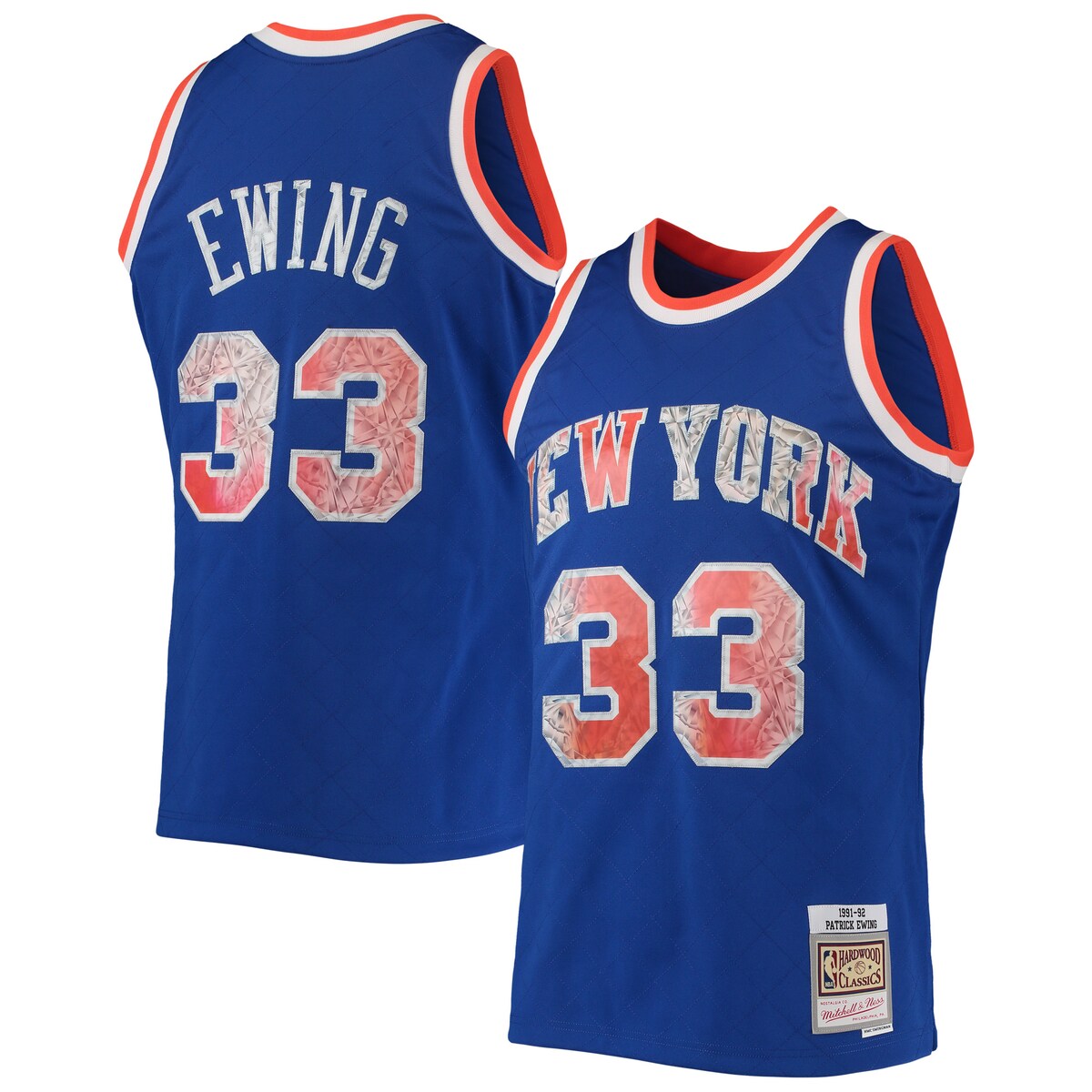 For the NBA's 75th anniversary, throw it back to one of the stars of the New York Knicks with this Patrick Ewing Hardwood Classics Diamond Swingman jersey from Mitchell & Ness. It features faux diamond details for the league's big milestone and that old-school design Patrick Ewing used to wear back in the day. This authentic piece of gear is a great way to mesh past and present as you get fired up for game day.Swingman ThrowbackMaterial: 100% PolyesterOfficially licensedMachine wash, line dryStitched designWoven jock tag at hemStitched holographic applique with faux diamond patternImportedBrand: Mitchell & NessSleevelessStraight hemline with side splits