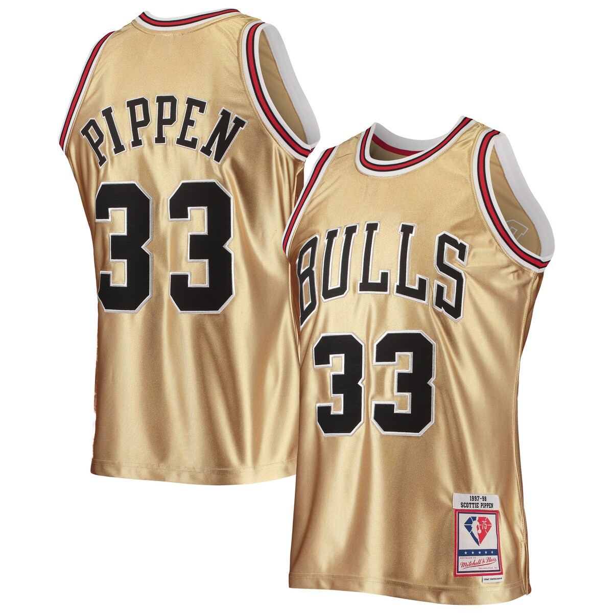 In the 75-year history of the NBA, the Chicago Bulls and Scottie Pippen have both played a major role in that story. This Mitchell & Ness 1997/98 Hardwood Classics Swingman jersey features embroidered graphics for a vintage look, perfect for the next game. The throwback design and mesh fabric pay homage to one of the team's greatest players.Swingman ThrowbackJock tag at bottom left hemEmbroidered fabric appliquesImportedMaterial: 100% PolyesterSide splits at hemBrand: Mitchell & NessSleevelessOfficially licensedMachine wash, line dry
