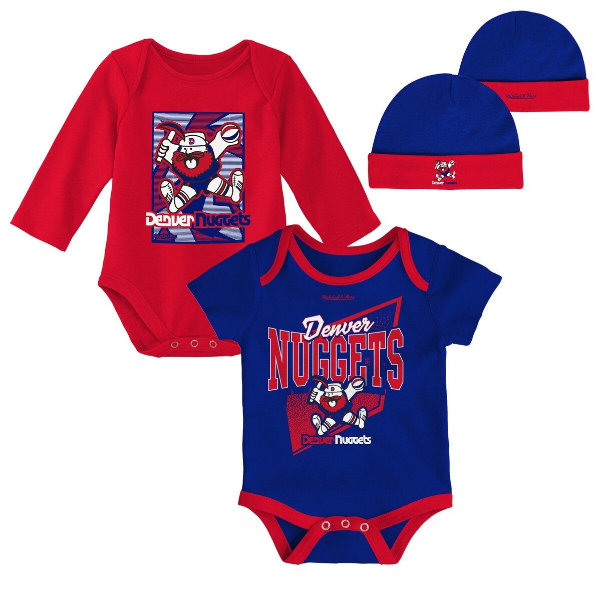 Start building your little one's collection of Denver Nuggets gear with this bodysuits and cuffed knit hat set from Mitchell & Ness. Each piece features bold Denver Nuggets graphics, and the knit hat features a classic design that makes it a great grab for added head warmth. The newest member of your family will be more than ready to join the team fan club in any combination of this comfy apparel.Short sleeveLong sleeveMachine wash, tumble dry lowOfficially licensedMaterial: 100% CottonSet includes two bodysuits and one hatThree snaps at bottomImportedScreen print graphicsLap shoulder necklineCuffed knit hatBrand: Mitchell & Ness