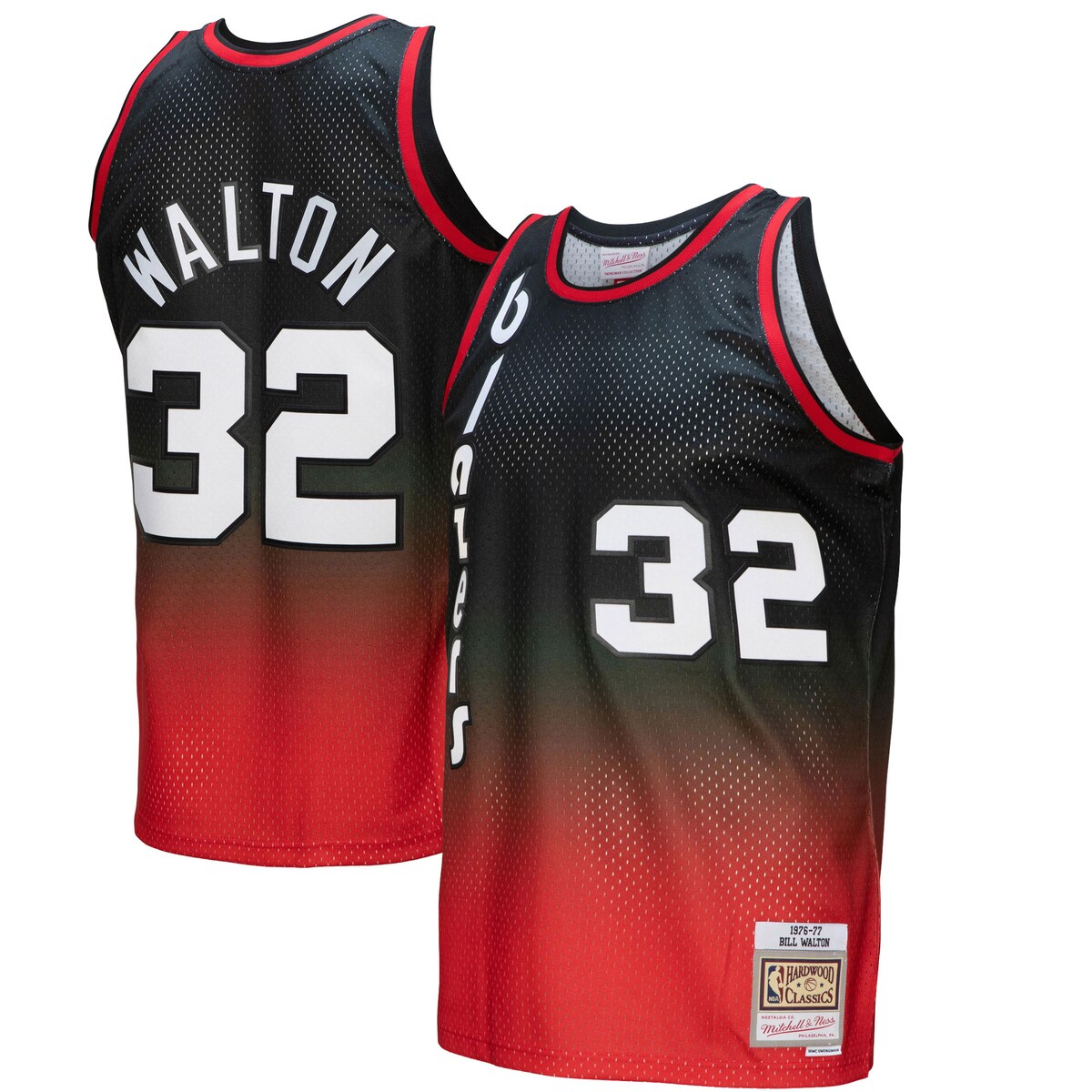 Create an epic Portland Trail Blazers game day look by grabbing this Bill Walton 1976/77 Hardwood Classics Fadeaway Swingman Player Jersey by Mitchell & Ness. Featuring mesh fabric and side slits at the hem, this jersey lets you look and feel like the real deal. Complete with tackle-twill Portland Trail Blazers graphics, this gear will get you pumped to cheer on your favorite player at the next big game.SleevelessOfficially licensedSwingmanMachine wash, tumble dry lowStraight hemline with side splitsHeat-sealed tackle twill appliqueMaterial: 100% PolyesterMesh fabricImportedWoven jock tag at hemBrand: Mitchell & NessHeat-sealed NBA logo