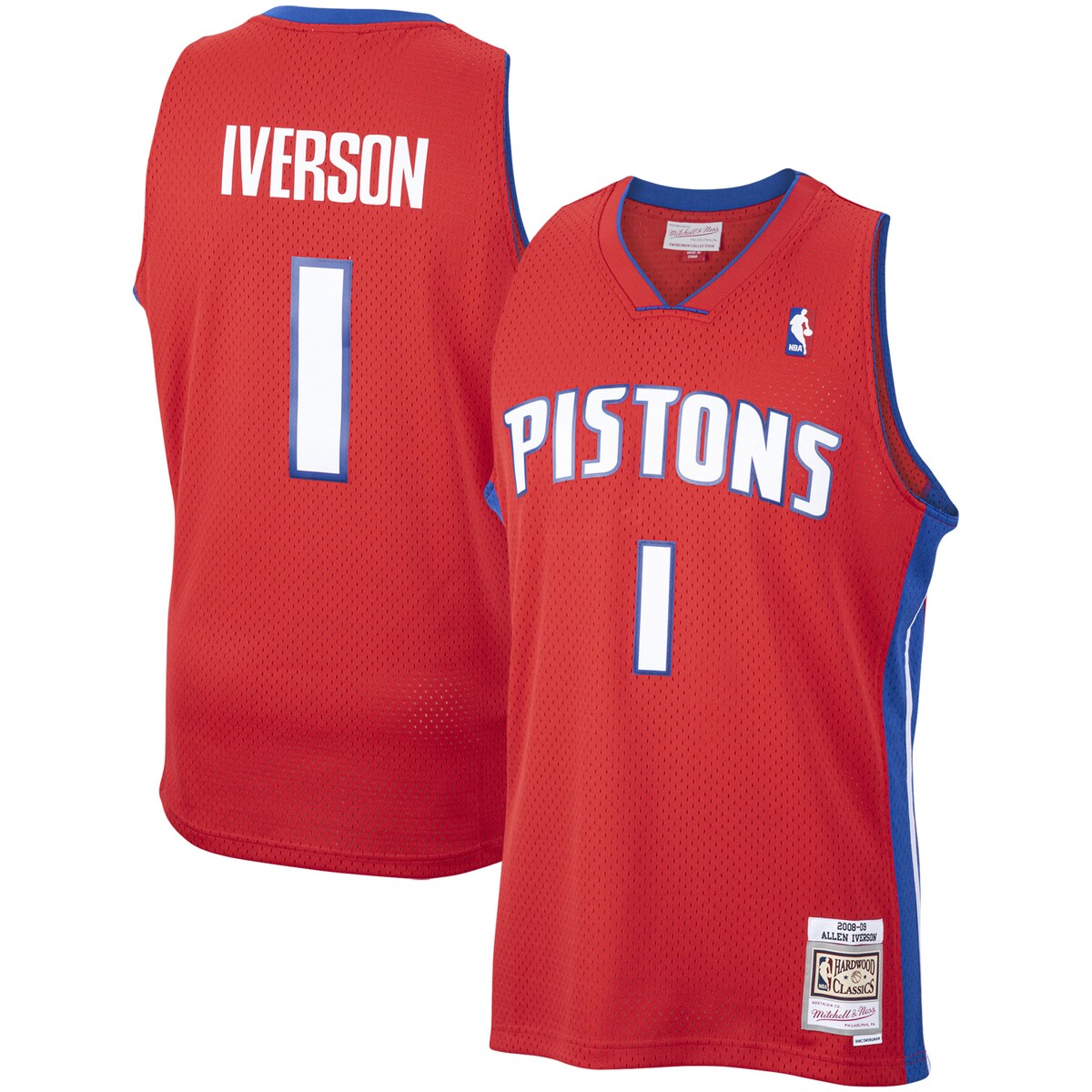 Rep one of your all-time favorite pros with this Allen Iverson Swingman jersey from Mitchell & Ness. The throwback Detroit Pistons details are inspired by the franchise's iconic look of days gone by. Every stitch on this jersey is tailored to exact team specifications, delivering outstanding quality and a premium feel.Heat-sealed NBA logoOfficially licensedMaterial: 100% PolyesterCrew neckMachine wash, line dryWoven tag with player detailsImportedSleevelessWoven jock tagTackle twill graphicsRib-knit collar and arm openingsSwingman ThrowbackBrand: Mitchell & NessSide splits at waist hemMesh fabric