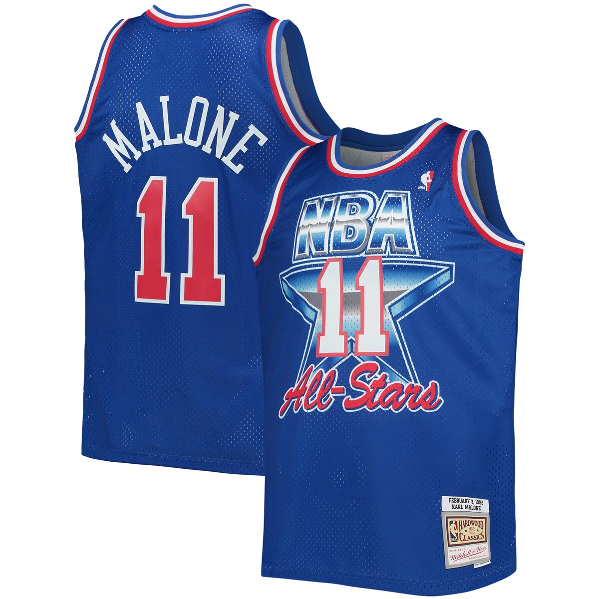 Rep one of your all-time favorite pros with this Karl Malone Hardwood Classics Swingman jersey from Mitchell & Ness. The throwback Western Conference details are inspired by the 1992 NBA All-Star Game. Every stitch on this jersey is tailored to exact event specifications, delivering outstanding quality and a premium feel.Tackle twill graphicsOfficially licensedHeat-sealed NBA logoWoven tag with player detailsMaterial: 100% PolyesterCrew neckRib-knit collar and arm openingsWoven jock tagSwingman ThrowbackMesh fabricSide splits at waist hemImportedSleevelessBrand: Mitchell & NessMachine wash, line dry