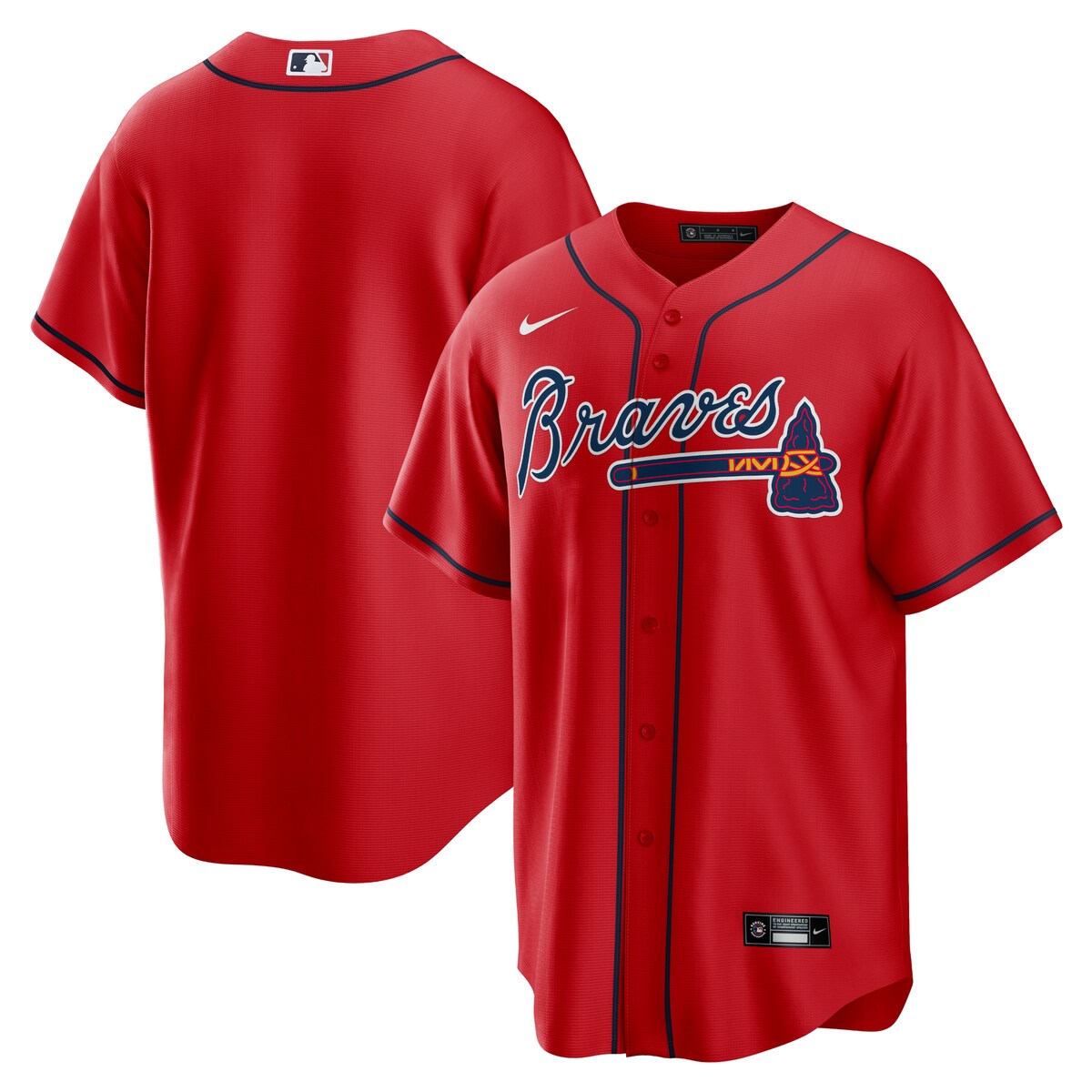 As the ultimate Atlanta Braves fan, you deserve the same look that your favorite players sport out on the field. This Alternate Replica Team jersey from Nike brings the team's official design to your wardrobe for a consistently spirited look on game day. The polyester material and slick Atlanta Braves graphics are just what any fan needs to look and feel their best.Brand: NikeJersey Color Style: AlternateHeat-sealed jock tagHeat-sealed transfer appliqueMachine wash gentle or dry clean. Tumble dry low, hang dry preferred.ImportedMLB Batterman applique on center back neckRounded hemShort sleeveMaterial: 100% PolyesterFull-button frontReplica JerseyOfficially licensed