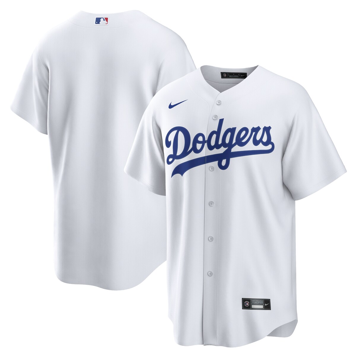 As the ultimate Los Angeles Dodgers fan, you deserve the same look that your favorite players sport out on the field. This Home Replica Team jersey from Nike brings the team's official design to your wardrobe for a consistently spirited look on game day. The polyester material and slick Los Angeles Dodgers graphics are just what any fan needs to look and feel their best.Rounded hemOfficially licensedJersey Color Style: HomeHeat-sealed jock tagImportedMachine wash gentle or dry clean. Tumble dry low, hang dry preferred.Brand: NikeMaterial: 100% PolyesterShort sleeveFull-button frontHeat-sealed transfer appliqueMLB Batterman applique on center back neckReplica Jersey