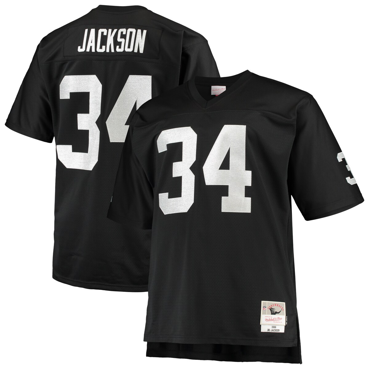 Wear your enthusiasm for the Las Vegas Raiders proudly when you get this Bo Jackson 1988 Retired Player replica jersey from Mitchell & Ness.Mesh bodyMaterial: 100% PolyesterReplica JerseyOfficially licensedBrand: Mitchell & NessDroptail hemEmbroidered fabric appliqueV-neckJersey Color Style: RetiredMachine wash, tumble dry lowImportedMetallic thread accents