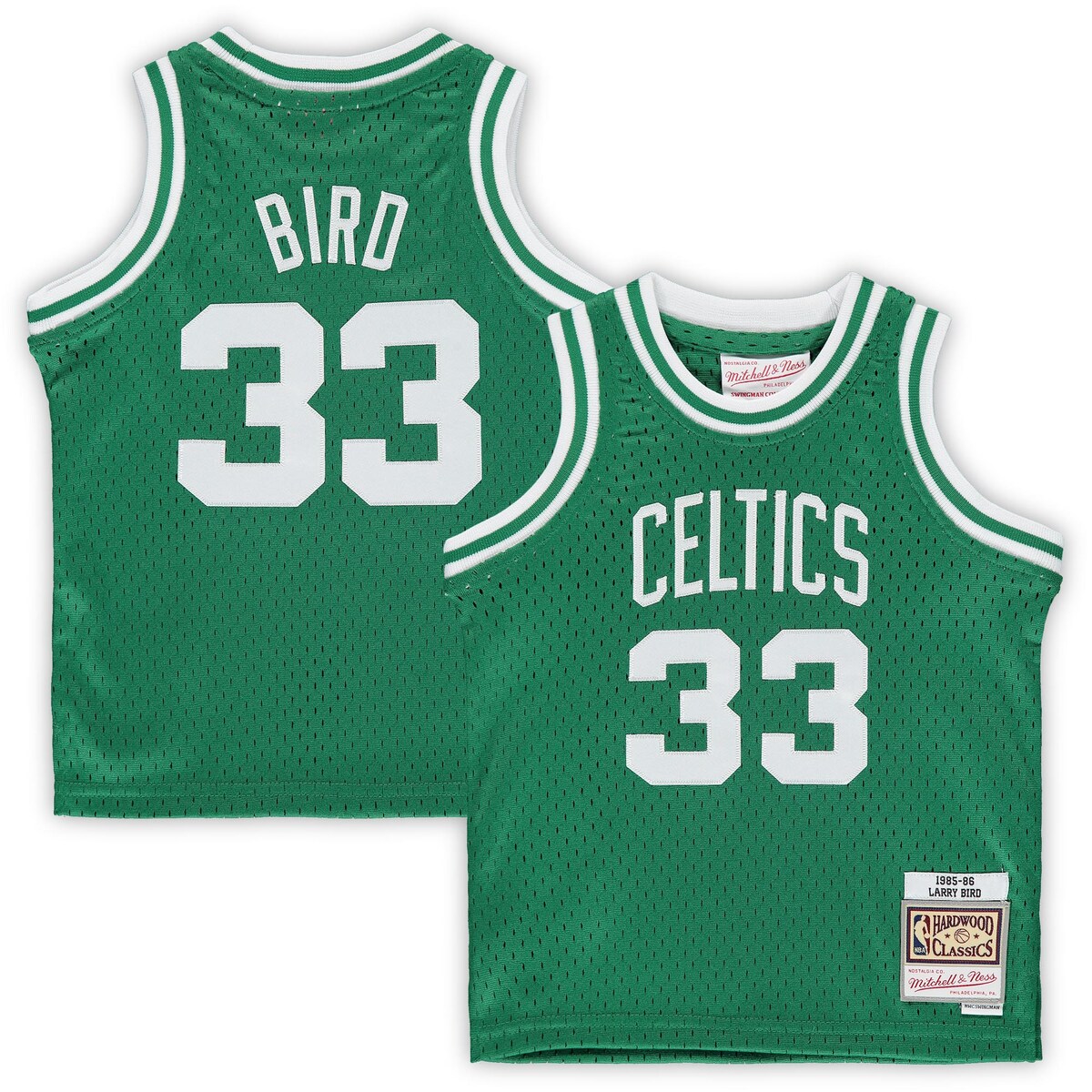 Introduce your little one to a star from the Boston Celtics past with this Hardwood Classics Retired Player jersey from Mitchell & Ness. The old-school design features vintage Boston Celtics graphics that will take everyone back to when Larry Bird was one of the most electrifying talents in the NBA. This throwback Larry Bird jersey is also designed with mesh fabric for a lightweight feel.Officially licensedImportedMachine wash, tumble dry lowBrand: Mitchell & NessMaterial: 100% PolyesterHeat-sealed NBA logoReplica JerseyMesh fabricRib-knit collar and armholesSewn-on jock tag at bottom hemSide splits at waist hemSleevelessTackle twill applique graphics