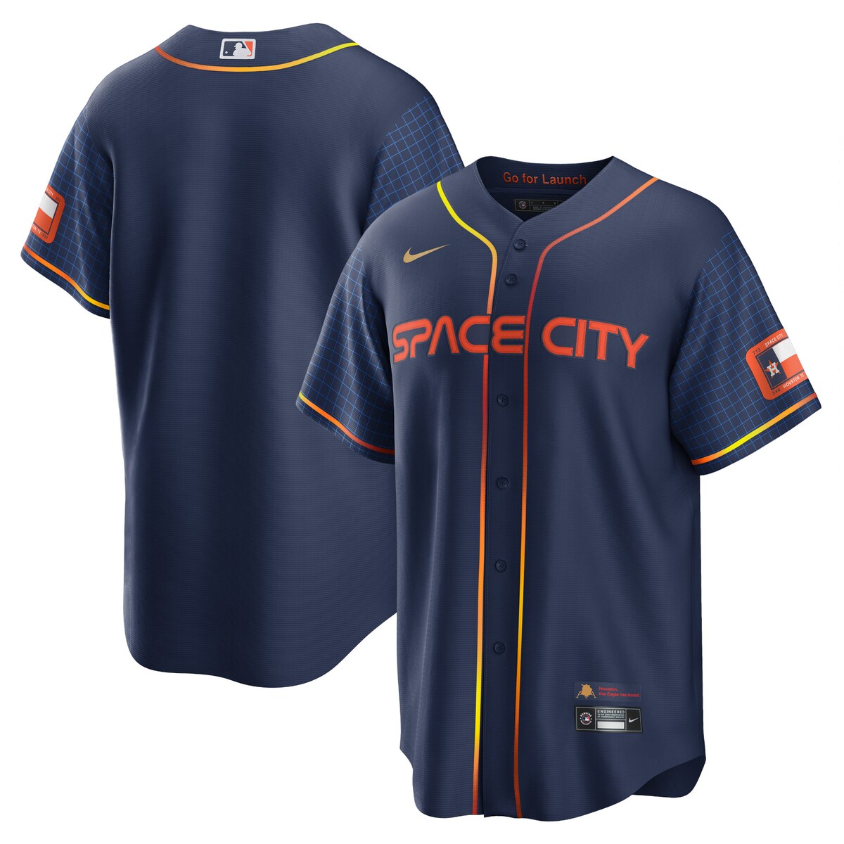 Houston, we have a uniform! This special Houston Astros 2022 City Connect Replica Jersey is inspired by the home for NASA mission control, earning Houston the nickname "Space City." The graphics and details highlight both the Texas flag and the storied history of past space missions. This unique Nike gear blends the NASA logo with the team's historic rainbow uniform.Short sleeveMaterial: 100% PolyesterOfficially licensedRounded hemReplica JerseyBrand: NikeHeat-sealed jock tagImportedHeat-sealed transfer appliqueMLB Batterman applique on center back neckMachine wash gentle or dry clean. Tumble dry low, hang dry preferred.Full-button front