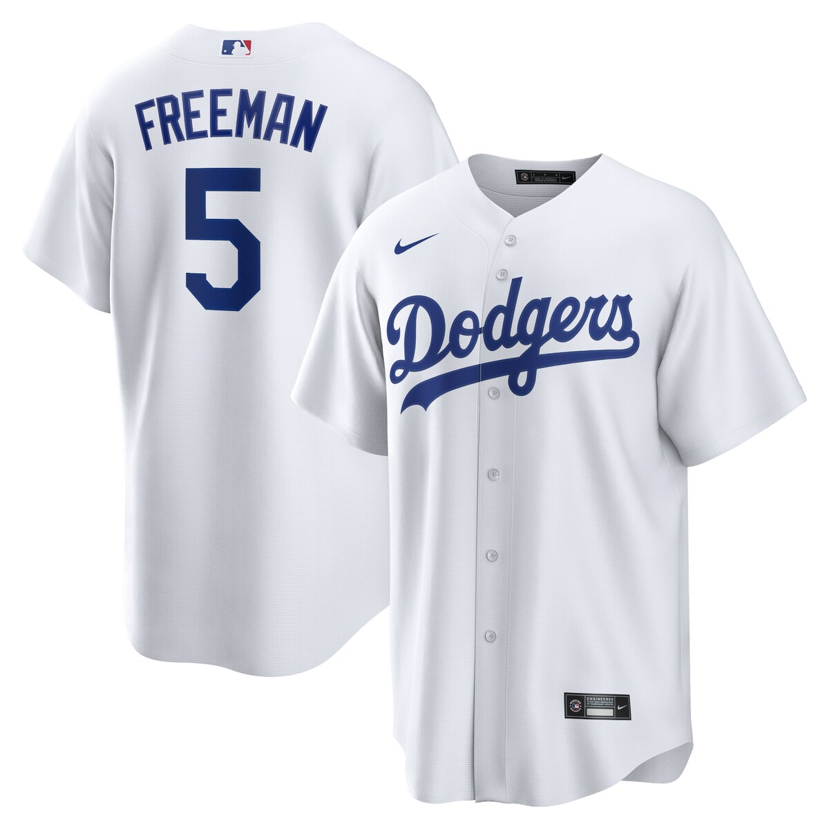 Your Los Angeles Dodgers dominate on the diamond, and now you can match the team from anywhere with this Freddie Freeman Replica Player Jersey. This Nike jersey features classic details, like a rounded droptail hem and full-button front. The spirited Los Angeles Dodgers graphics will ensure fellow fans know where your allegiance lies.Tackle twill graphicsReplica JerseyMaterial: 100% PolyesterOfficially licensedMachine wash gentle or dry clean. Tumble dry low, hang dry preferred.Brand: NikeImportedHeat-sealed jock tag at hemRounded droptail hemFull-button frontShort sleeve