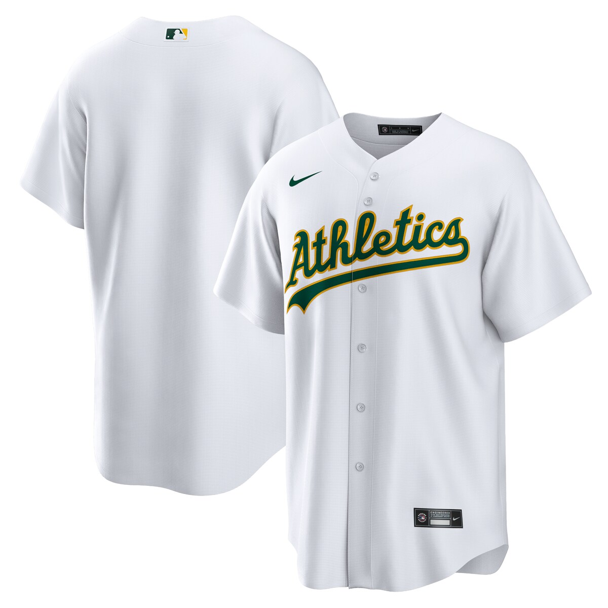 As the ultimate Oakland Athletics fan, you deserve the same look that your favorite players sport out on the field. This Home Replica Team jersey from Nike brings the team's official design to your wardrobe for a consistently spirited look on game day. The polyester material and slick Oakland Athletics graphics are just what any fan needs to look and feel their best.Officially licensedJersey Color Style: HomeImportedMaterial: 100% PolyesterHeat-sealed jock tagFull-button frontRounded hemBrand: NikeMachine wash gentle or dry clean. Tumble dry low, hang dry preferred.MLB Batterman applique on center back neckHeat-sealed transfer appliqueShort sleeveReplica Jersey