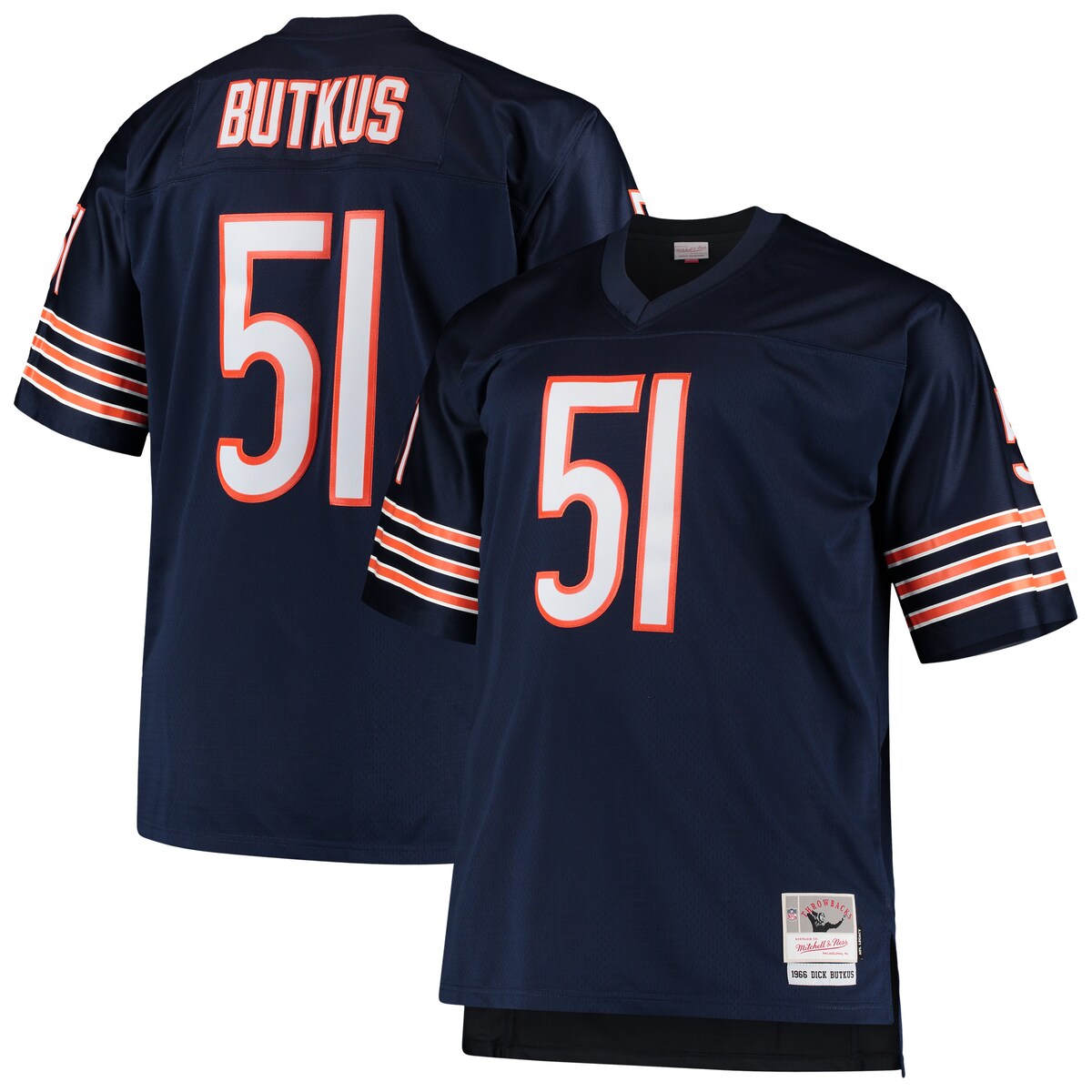 Showcase who your all-time favorite Chicago Bears is by sporting this Dick Butkus 1966 Retired Player Replica jersey from Mitchell & Ness. It features authentic Chicago Bears graphics that will leave a lasting impression on fellow fans. You'll remind everyone around you of the legendary Dick Butkus.Droptail hem with side splitsReplica JerseyMachine wash, tumble dry lowMesh fabricMaterial: 100% PolyesterV-neckStitched jock tag at bottom left hemStitched tackle twill letters and numbersBrand: Mitchell & NessImportedStitched fabric applique with player year and nameBack neck taping - no irritating stitch on the back neckOfficially licensedShort sleeve