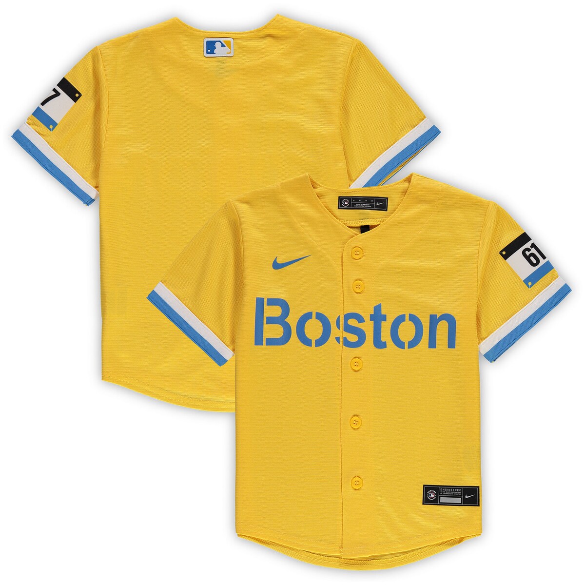 Your kiddo will look like the #1 Boston Red Sox fan when wearing this 2021 MLB City Connect Replica jersey from Nike. It features a heat-sealed applique on the shoulder and jock tag near the hem, as well as exciting team graphics on the front. The full-button front resembles a classic baseball top so they can represent their favorite players on the Boston Red Sox.Replica JerseyScreen print graphicsMLB Batterman applique on center back neckMaterial: 100% PolyesterHeat-sealed jock tagHeat-sealed transfer appliqueMachine wash with garment inside out, tumble dry lowOfficially licensedImportedBrand: NikeRounded droptail hemShort sleeveFull-button front