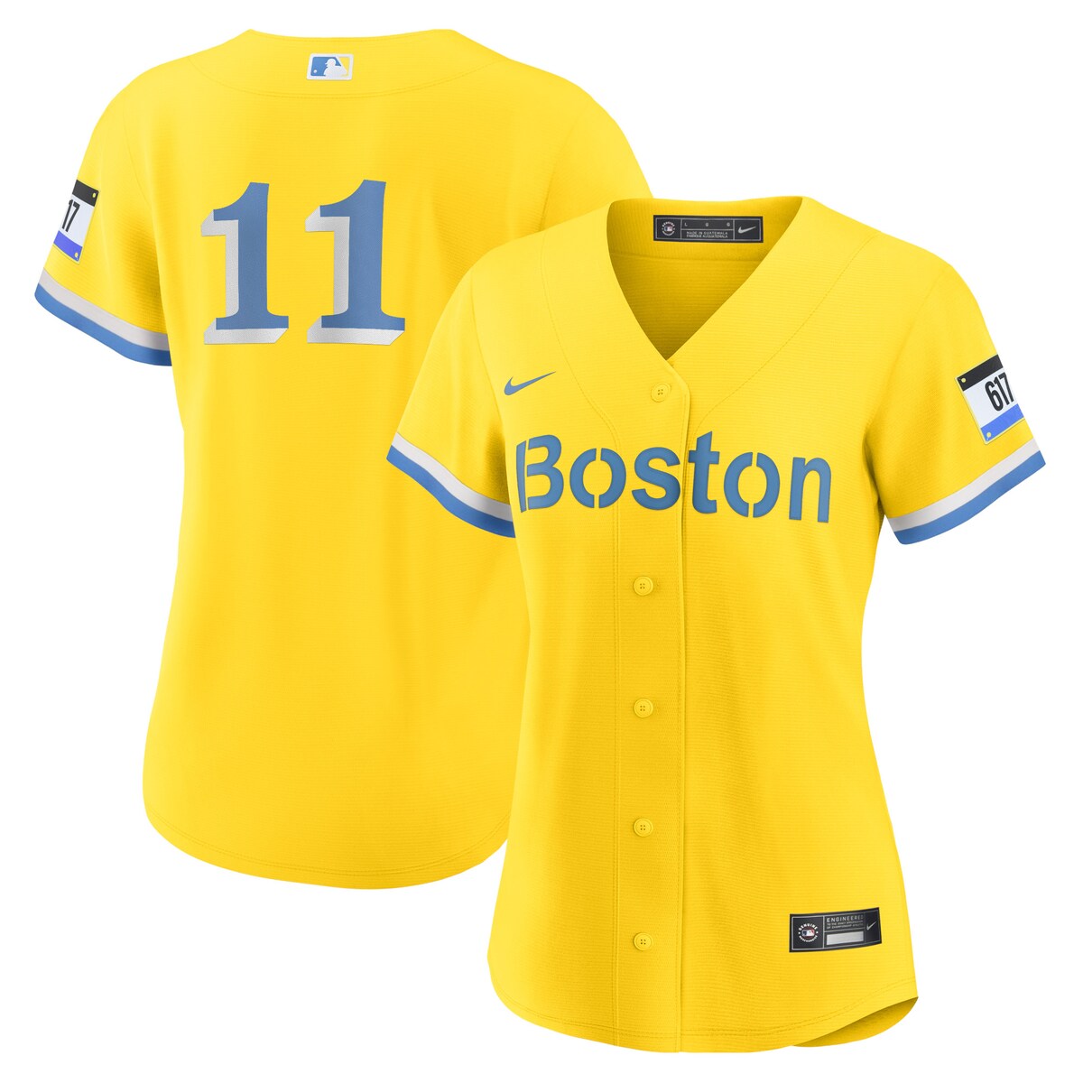 Show off your Boston Red Sox fandom with an exclusive look with this Rafael Devers City Connect Replica Player jersey. This special piece of Nike gear features graphics that honor the Boston Marathon. The gold design highlights the graphics on the front and back so everyone knows your favorite team and player.Replica JerseyOfficially licensedImportedMaterial: 100% PolyesterHeat-sealed jock tagFull-button frontRounded hemBrand: NikeMachine wash with garment inside out, tumble dry lowMLB Batterman applique on center back neckHeat-sealed transfer appliqueShort sleeve