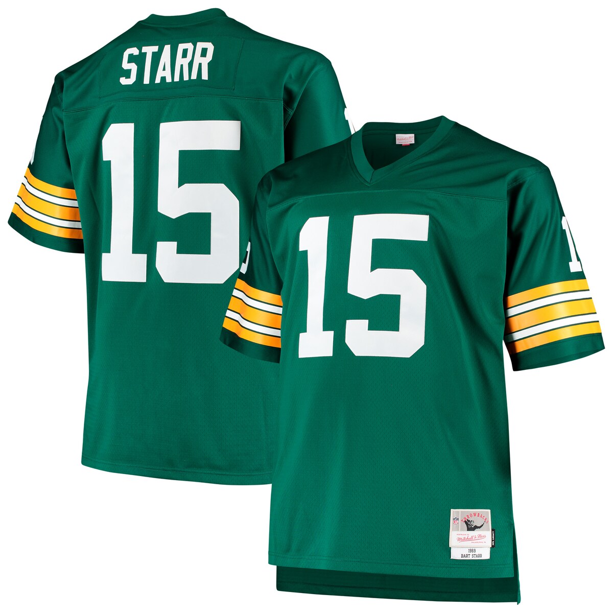 Showcase who your all-time favorite Green Bay Packers player is by sporting this Bart Starr 1968 Retired Player Replica jersey from Mitchell & Ness. It features authentic Green Bay Packers graphics that will leave a lasting impression on fellow fans. You'll remind everyone around you of the legendary Bart Starr.Replica JerseyStitched jock tag at bottom left hemMesh fabricMachine wash, tumble dry lowStitched tackle twill letters and numbersV-neckOfficially licensedDroptail hem with side splitsMaterial: 100% PolyesterBrand: Mitchell & NessStitched fabric applique with player year and nameImportedBack neck taping - no irritating stitch on the back neckShort sleeve