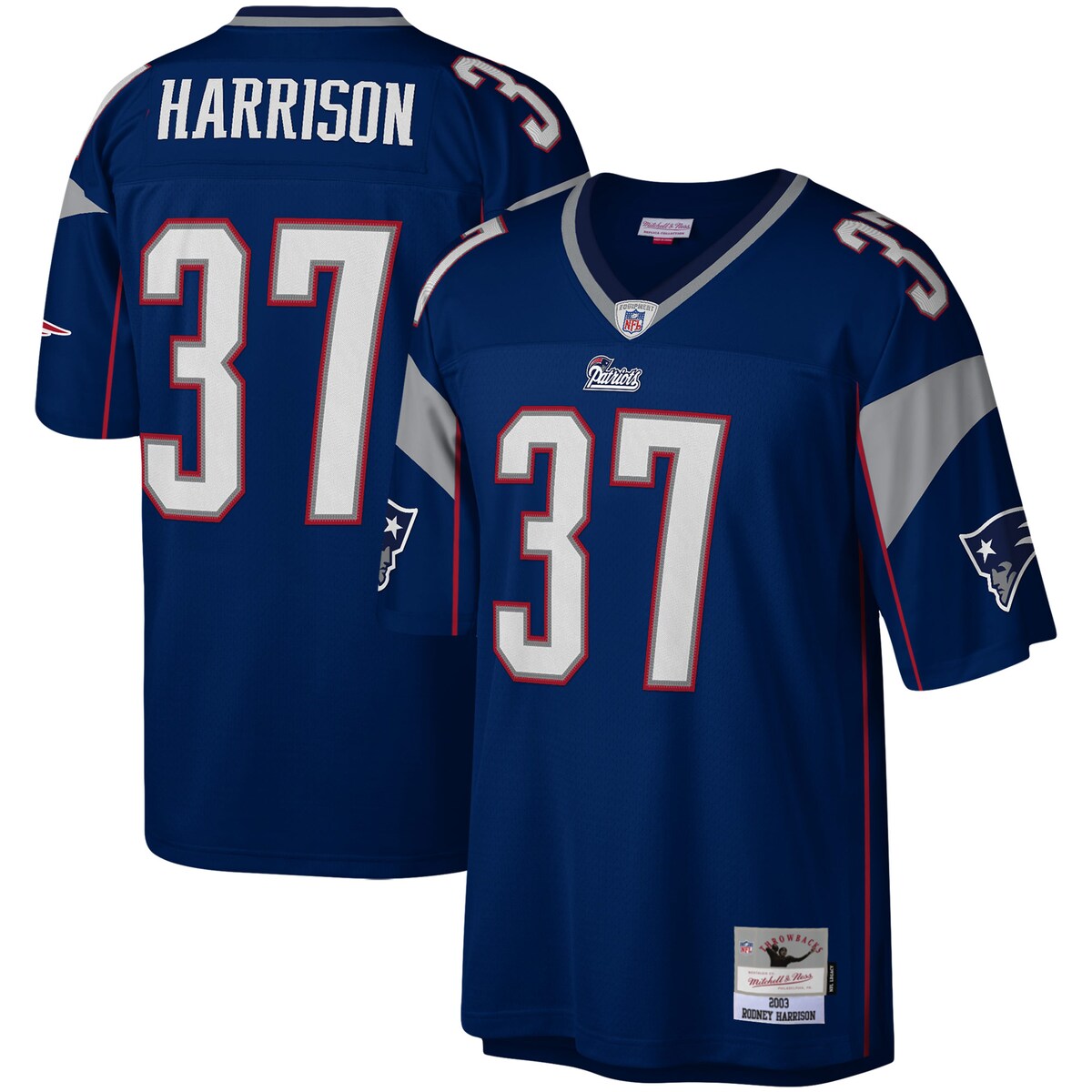 You're a massive New England Patriots fan and also loved watching Rodney Harrison play. Now you can show off your fandom for both when you get this Rodney Harrison New England Patriots Legacy replica jersey from Mitchell & Ness. It features distinctive throwback New England Patriots graphics on the chest and back, perfect for wearing at a home game. By wearing this jersey, you'll be able to feel like you're reliving some of the great plays that Rodney Harrison accomplished to lead the New England Patriots to glory.Machine wash, line dryImportedDroptail hem with side slitsBrand: Mitchell & NessMesh bodiceRib-knit v-neck collarScreen print accentsTackle twill graphicsWoven tags at bottom hemMaterial: 100% PolyesterOfficially licensedThrowback Jersey