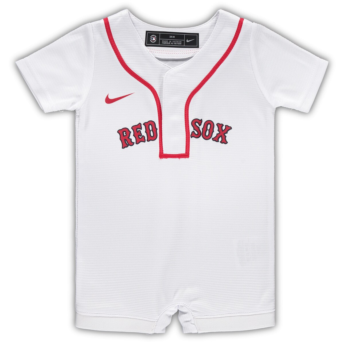 Gear up your youngest Boston Red Sox fan for the first pitch by grabbing this jersey romper from Nike. It features convenient snap closures at the neck and bottom for easy changing whether you're at the ballpark or simply on the go. Crisp team graphics ensure your little one is dressed to the tee in adorable Boston Red Sox fashion.Four-snap closure at bottomOfficially licensedMachine wash, tumble dry lowMaterial: 100% PolyesterRib-knit leg openingsStitched trimFour-snap placket at necklineHeat-sealed fabric appliqueImportedShort sleeveBrand: NikeInseam on size 3-6 months measures approx. 2''