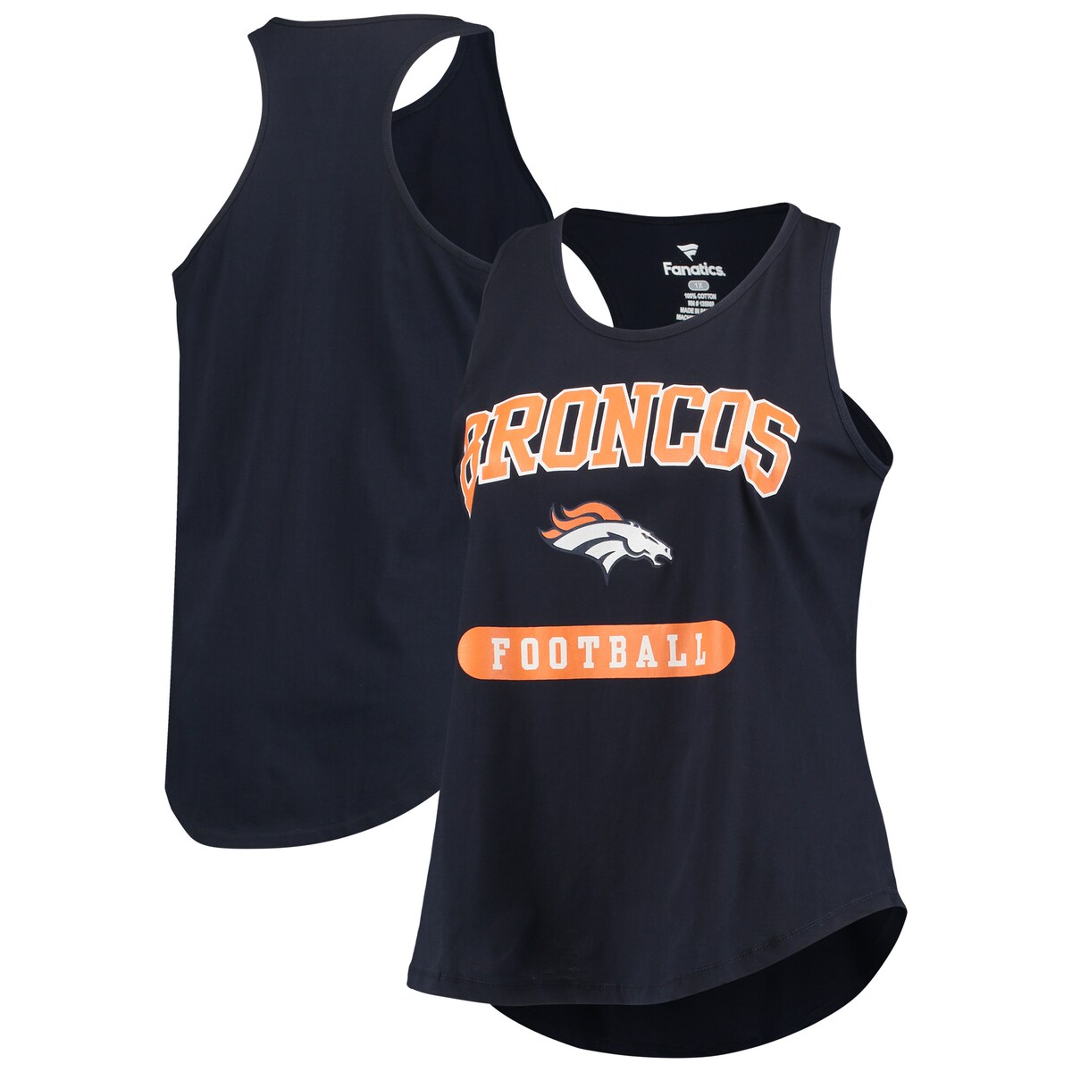 Show off your unwavering Denver Broncos pride in sporty style when you grab this Ringer Racerback tank top. It features vibrant team graphics that enhance your love for the squad. Perfect for warmer weather or working out, it offers a sleeveless design and ultra-soft fabric, making this top a great addition to your Denver Broncos game day gear.Scoop neckMachine wash, tumble dry lowOfficially licensedBrand: Fanatics BrandedRounded droptail hemSleevelessImportedScreen print graphicsMaterial: 100% CottonRacerback
