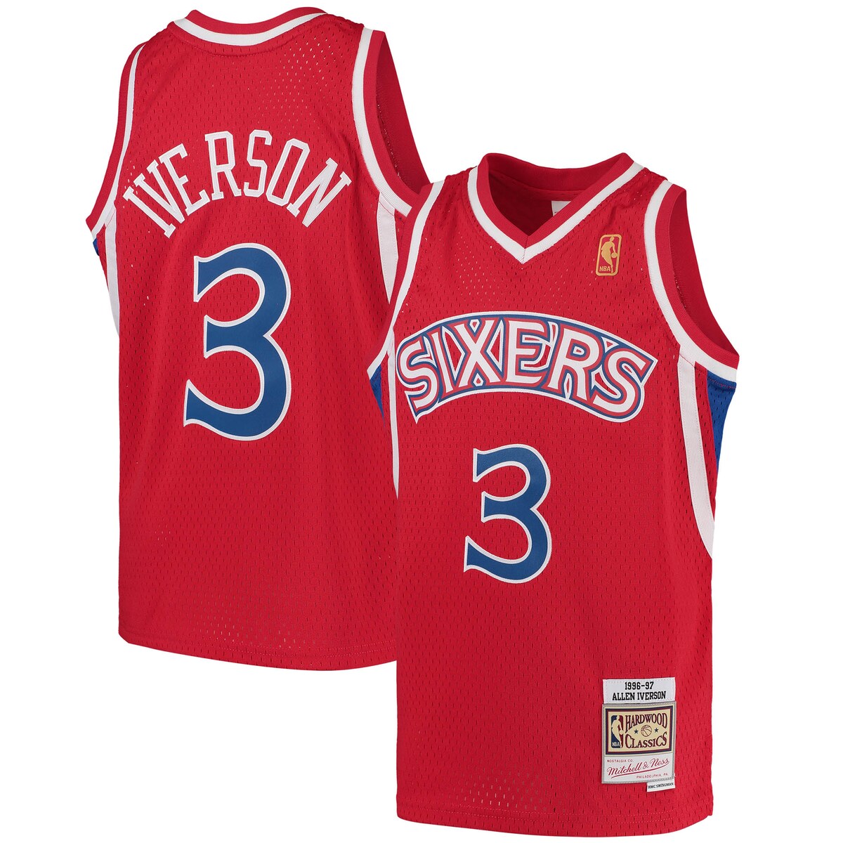 Your kiddo may be a newcomer to ranks of the Philadelphia 76ers faithful, but they still take the time to honor one of the best to wear the team's uniform. Before the next game tips off, help your youngster pay homage the franchise's storied past while also recognizing one of its all-time brightest stars with this Allen Iverson Hardwood Classics Swingman jersey from Mitchell & Ness! Its throwback-inspired design and player-specific graphics are sure to remind fellow fans of all their favorite Philadelphia 76ers victories, both past and present.Machine wash with garment inside out, tumble dry lowBrand: Mitchell & NessImportedOfficially licensedRib-knit trim with woven graphicsSide splitsCrew neckMesh fabricWoven tags at hemMaterial: 100% PolyesterSizing Tip: Product runs true to size. If you are in between sizes, we recommend ordering the smaller size.SleevelessEmbroidered fabric applique