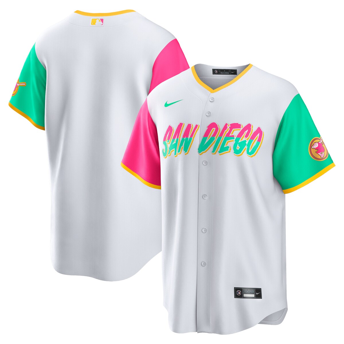 Add a truly unique piece to your San Diego Padres collection of gear with this new 2022 City Connect Replica Team Jersey. This fresh new Nike gear helps show your love for the big, multicultural city with a small town feel. The City Connect design was inspired by vibrant staccato colors and includes handcrafted typography. Whether you rock your new gear to the city's signature beaches, iconic zoo, or to watch the San Diego Padres dominate at Petco Park, everyone will know where you're from and who you rep.Rounded hemOfficially licensedReplica JerseyMachine wash gentle or dry clean. Tumble dry low, hang dry preferred.Heat-sealed jock tagMaterial: 100% PolyesterImportedMLB Batterman applique on center back neckFull-button frontShort sleeveHeat-sealed transfer appliqueBrand: Nike