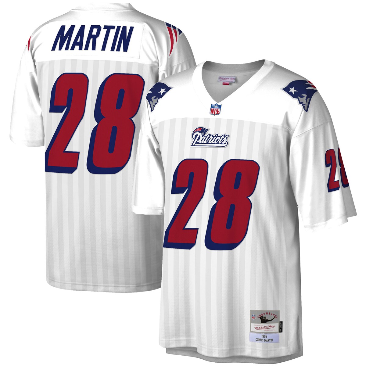 You're a massive New England Patriots fan and loved watching Curtis Martin play. Now you can show off your fandom for both when you get this 1995 Legacy replica jersey from Mitchell & Ness. It features throwback New England Patriots graphics, perfect for highlighting your unwavering team pride.V-neckThrowback JerseyBrand: Mitchell & NessWoven tags at bottom hemImportedDroptail hem with side slitsMachine wash, line dryOfficially licensedEmbroidered NFL Shield at collarEmbroidered team nameMesh fabricShort sleevesSublimated stripesTackle twill graphicsMaterial: 100% Polyester