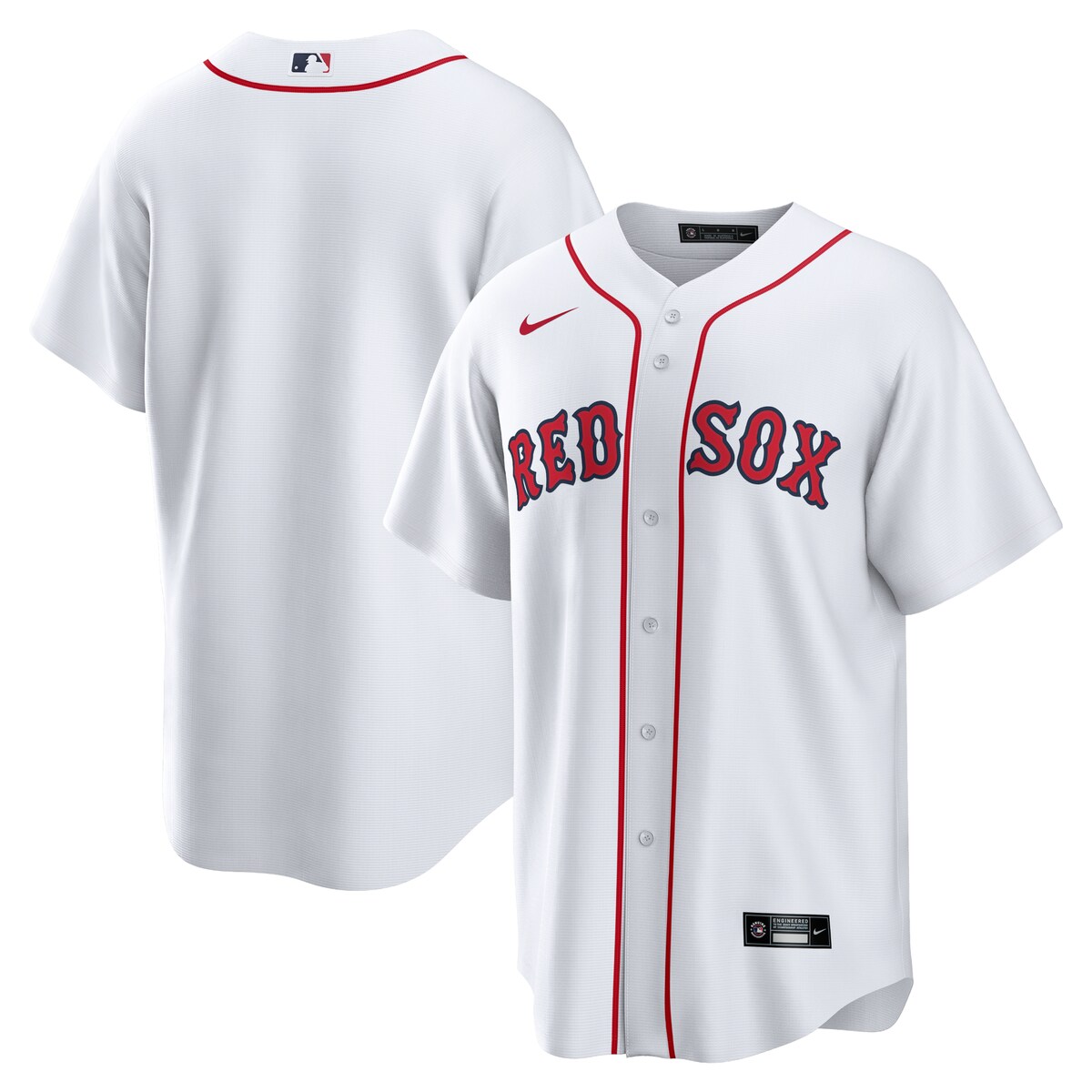 As the ultimate Boston Red Sox fan, you deserve the same look that your favorite players sport out on the field. This Home Replica Team jersey from Nike brings the team's official design to your wardrobe for a consistently spirited look on game day. The polyester material and slick Boston Red Sox graphics are just what any fan needs to look and feel their best.Heat-sealed jock tagOfficially licensedHeat-sealed transfer appliqueMachine wash gentle or dry clean. Tumble dry low, hang dry preferred.Jersey Color Style: HomeFull-button frontRounded hemImportedMaterial: 100% PolyesterShort sleeveMLB Batterman applique on center back neckBrand: NikeReplica