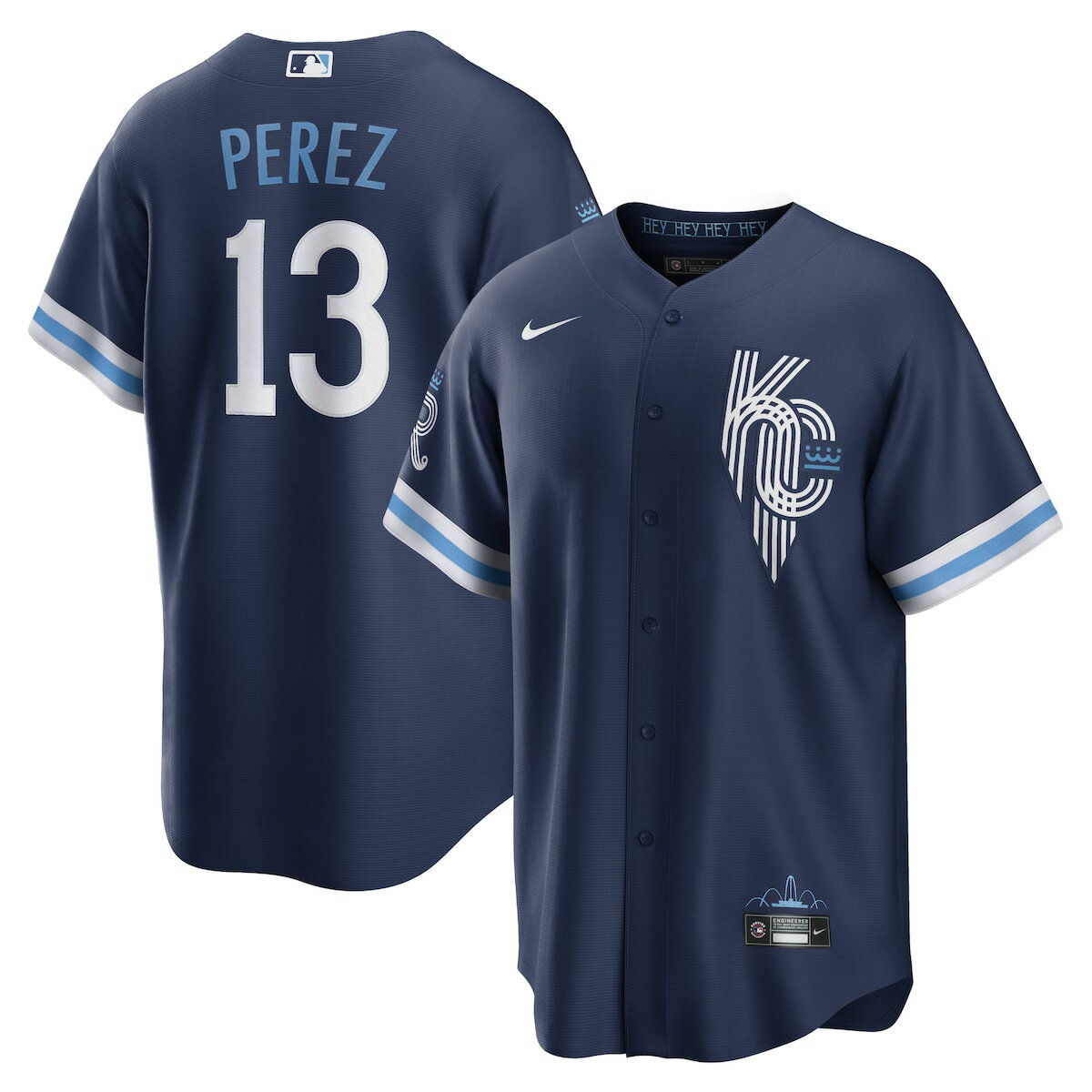 This special Kansas City Royals 2022 City Connect Salvador Perez Replica Player Jersey from Nike is inspired by the city's most common nickname "City of Fountains," claiming to have more fountains than any other city in the world. The colorway is a nod to the city's ritual of dying the fountains when the Kansas City Royals makes a playoff run. The uniform draws from prominent Kansas City icons and pays tribute the beloved design of the city flag.MLB Batterman applique on center back neckOfficially licensedReplica JerseyMaterial: 100% PolyesterMachine wash gentle or dry clean. Tumble dry low, hang dry preferred.Rounded hemHeat-sealed transfer appliqueHeat-sealed jock tagImportedShort sleeveFull-button frontBrand: Nike