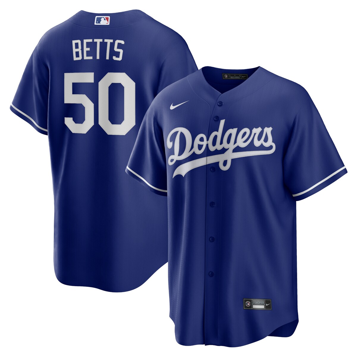 Whether you're watching from the couch or within the stadium, you'll be the biggest Los Angeles Dodgers fan around when you sport this 2020 Mookie Betts Alternate Official Replica Player Jersey! This Nike jersey features bold Los Angeles Dodgers graphics that will showcase your team pride no matter where you watch the game. The moisture-wicking technology will keep you looking and feeling fresh all game long.Replica JerseyOfficially licensedJersey Color Style: AlternateRounded hemBrand: NikeFull-button frontHeat-sealed jock tagHeat-sealed transfer appliqueMachine wash gentle or dry clean. Tumble dry low, hang dry preferred.ImportedMaterial: 100% PolyesterMLB Batterman applique on center back neck