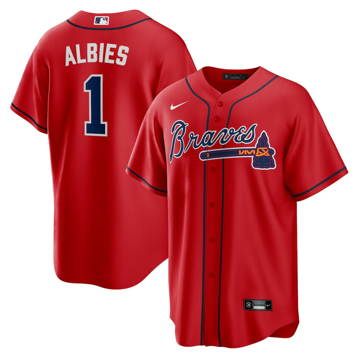 You're the type of Atlanta Braves fan who counts down the minutes until the first pitch. When your squad finally hits the field, show your support all game long with this Ozzie Albies Replica jersey from Nike. Its classic full-button design features the name and number of your favorite player in crisp applique graphics, leaving no doubt you'll be along for the ride for all 162 games and beyond this season.Officially licensedJersey Color Style: AlternateBrand: NikeReplica JerseyImportedHeat-sealed jock tagFull-button frontHeat-sealed transfer appliqueMLB Batterman applique on center back neckRounded hemMaterial: 100% PolyesterMachine wash