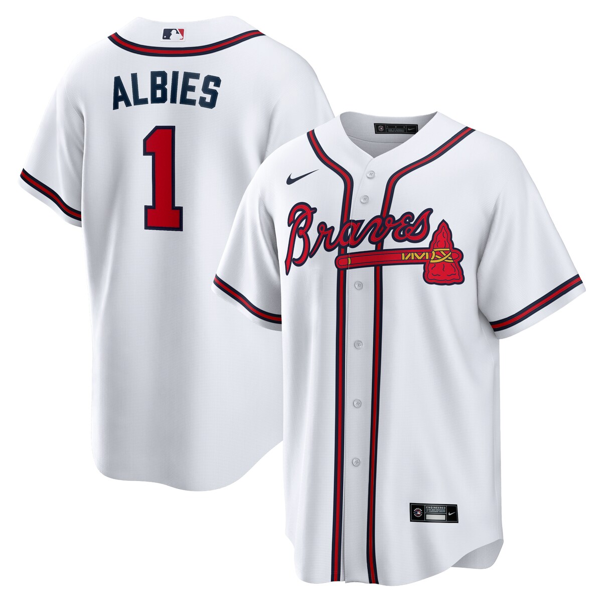 You're the type of Atlanta Braves fan who counts down the minutes until the first pitch. When your squad finally hits the field, show your support all game long with this Ozzie Albies Replica jersey from Nike. Its classic full-button design features the name and number of your favorite player in crisp applique graphics, leaving no doubt you'll be along for the ride for all 162 games and beyond this season.Jersey Color Style: HomeImportedOfficially licensedReplica JerseyHeat-sealed jock tagBrand: NikeMachine washMLB Batterman applique on center back neckFull-button frontMaterial: 100% PolyesterRounded hemHeat-sealed transfer applique