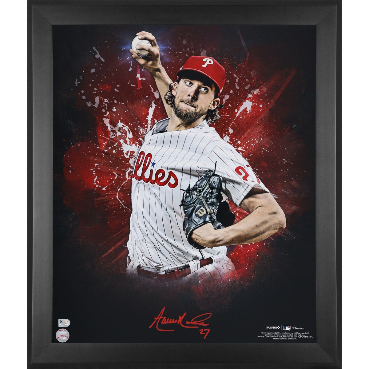If Aaron Nola is your favorite player on the Philadelphia Phillies, then be sure to pick up this autographed Framed 20" x 24" In Focus Photograph. Featuring a hand-signed signature from the star player, it's the perfect option to display in your home or office.Officially licensedDimensions are approximately 20" x 24"Signature may varyObtained under the auspices of the Major League Baseball Authentication Program and can be verified by its numbered hologram at MLB.comMade in the USABrand: Fanatics AuthenticFrame measures approx. 23.5'' x 27.5'' x 1''