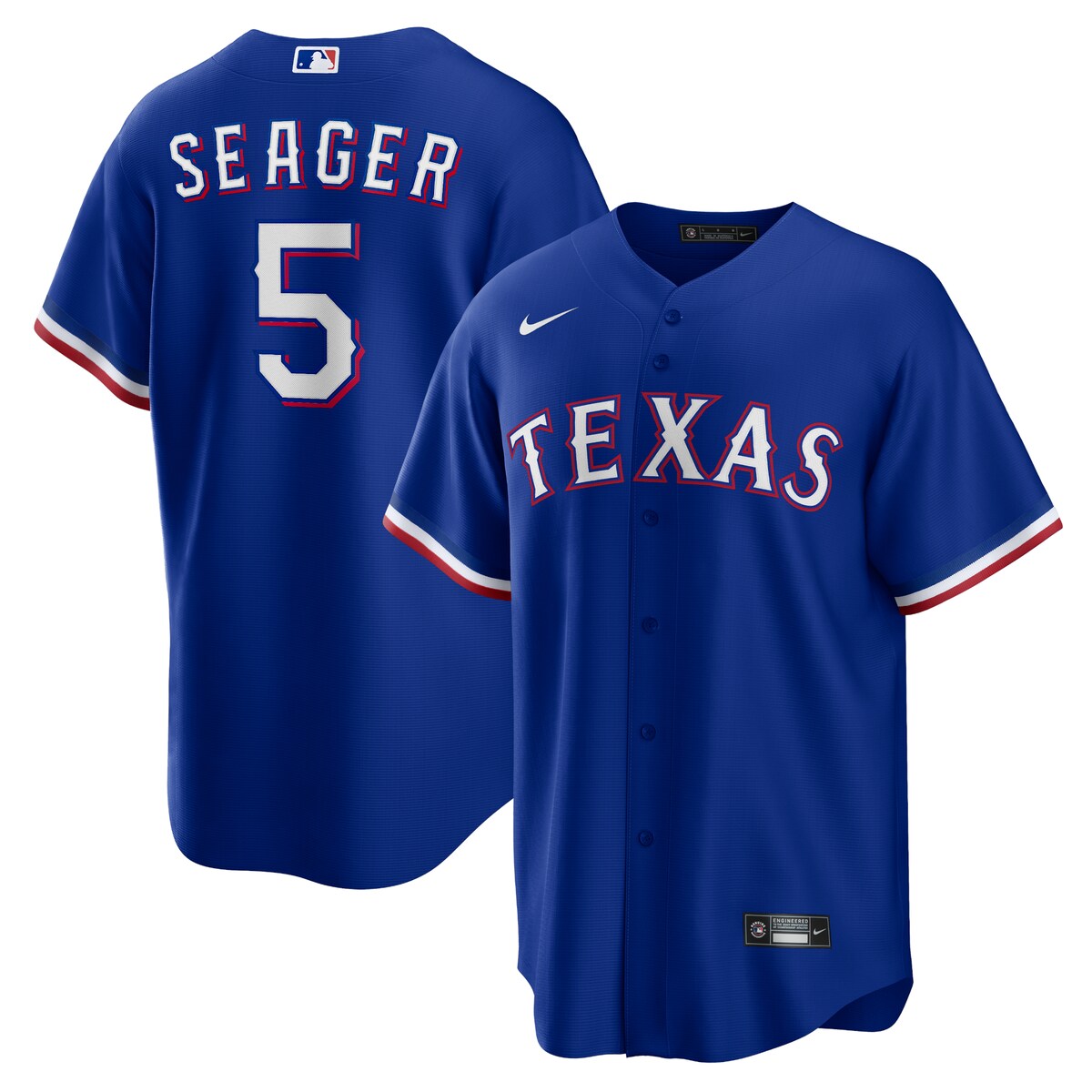 Whether you're watching from the couch or within the stadium, you'll be the biggest Texas Rangers fan around when you sport this Corey Seager Alternate Replica Player Jersey! This Nike jersey features bold Texas Rangers graphics that will showcase your team pride no matter where you watch the game. This jersey would make a great addition to any Texas Rangers fan's closet.Rounded hemBrand: NikeImportedOfficially licensedHeat-sealed jock tagMLB Batterman applique on center back neckMaterial: 100% PolyesterFull-button frontHeat-sealed transfer applique