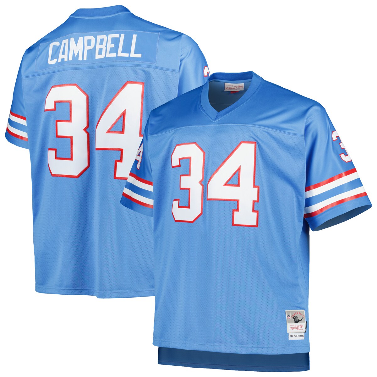 When you're gearing up for the gridiron action, celebrate one of the greatest players in the storied history of your franchise with this Earl Campbell Houston Oilers Retired Player jersey from Mitchell & Ness. The bold graphics make it clear where your allegiance lies on Sundays. The mesh fabric adds enhanced breathability for a comfortable game day experience.Stitched jock tag at bottom left hemOfficially licensedImportedV-neckMaterial: 100% PolyesterMachine wash, tumble dry lowBrand: Mitchell & NessMesh fabricDrop tail hem with side splitsStitched fabric applique with player year and nameStitched tackle twill letters and numbersReplica JerseyBack neck taping