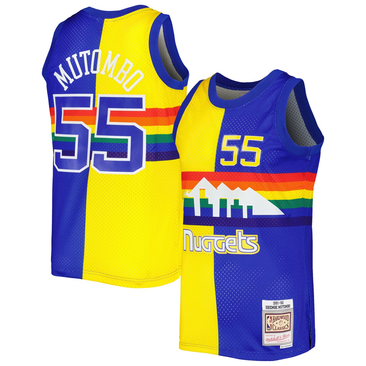 Showcase your timeless love for one of the Denver Nuggets' greatest players of all time in a trendy, distinct way with this 1991/92 Dikembe Mutombo Split Swingman jersey by Mitchell & Ness. This Hardwood Classics jersey features vibrant team and Dikembe Mutombo graphics across a unique split design, allowing you to boast your spirit loud and proud. Additionally, the lightweight construction, sleeveless design and breezy mesh fabric bring comfort and breathability to your Denver Nuggets fandom.Mesh fabricSwingman ThrowbackOfficially licensedMachine wash, line dryMaterial: 100% PolyesterSleevelessSplit hemBrand: Mitchell & NessImportedSublimated graphicsHeat-sealed fabric appliquesWoven jock tag