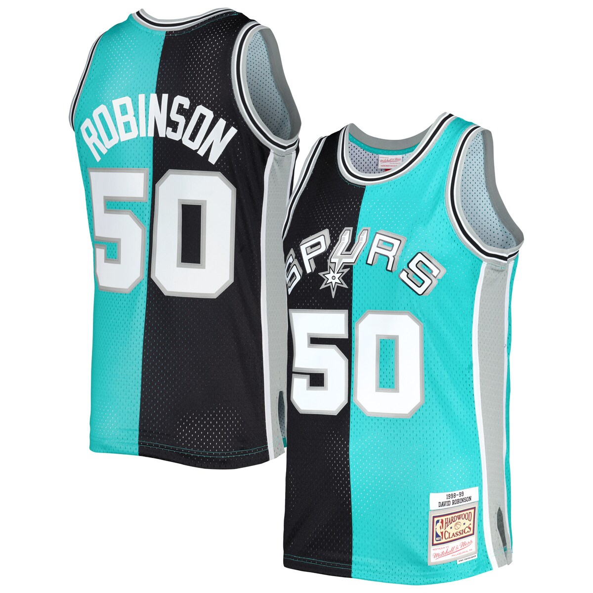 Showcase your timeless love for one of the San Antonio Spurs' greatest players of all time in a trendy, distinct way with this 1998/99 David Robinson Split Swingman jersey by Mitchell & Ness. This Hardwood Classics jersey features vibrant team and David Robinson graphics across a unique split design, allowing you to boast your spirit loud and proud. Additionally, the lightweight construction, sleeveless design and breezy mesh fabric bring comfort and breathability to your San Antonio Spurs fandom.Machine wash, line dryMesh fabricSwingman ThrowbackImportedOfficially licensedHeat-sealed fabric appliquesBrand: Mitchell & NessWoven jock tagSide splits at waist hemMaterial: 100% PolyesterSleeveless