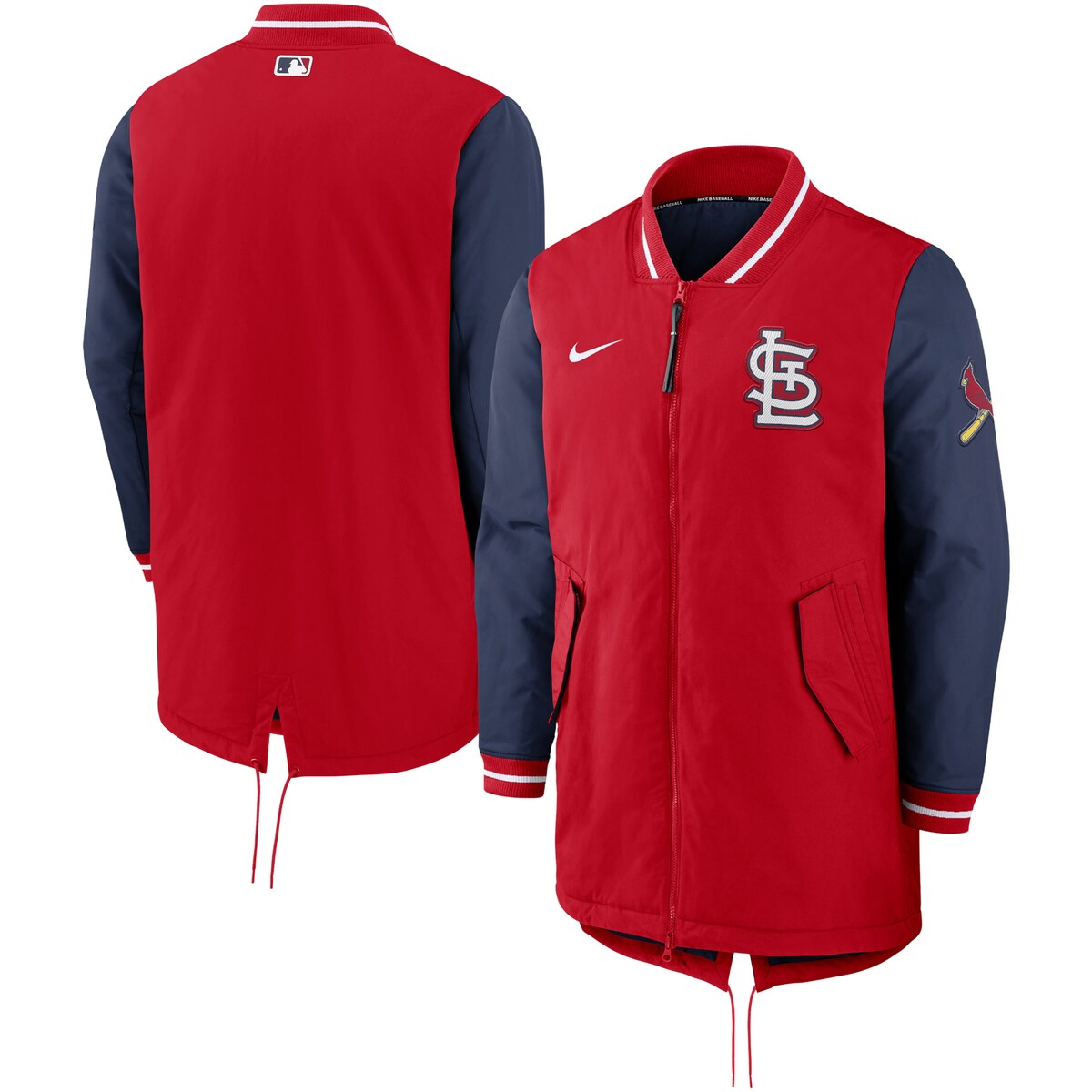 Gear up like the top St. Louis Cardinals players with this Nike Dugout jacket. Loads of pockets allow you to tuck small essentials away, and the standup collar offers extra coverage. With a heavyweight design, this full-zip features a quilted lining for added warmth and integrated Nike Repel technology to ward off rain or moisture. The striking St. Louis Cardinals graphics make this jacket a must-have for any fan facing chilly temperatures.Nike Repel technology sheds light moisture to help keep you dry throughout the dayRib-knit collar and cuffsFull-zipTwo side slip pocketsMachine wash, tumble dry lowMaterial: 100% PolyesterEmbroidered fabric appliquesBrand: NikeHeavyweight jacket suitable for cold temperaturesTwo front pockets with magnetic closureQuilted lining with synthetic fillOfficially licensedAdjustable drawstring at hemImportedFull Zip