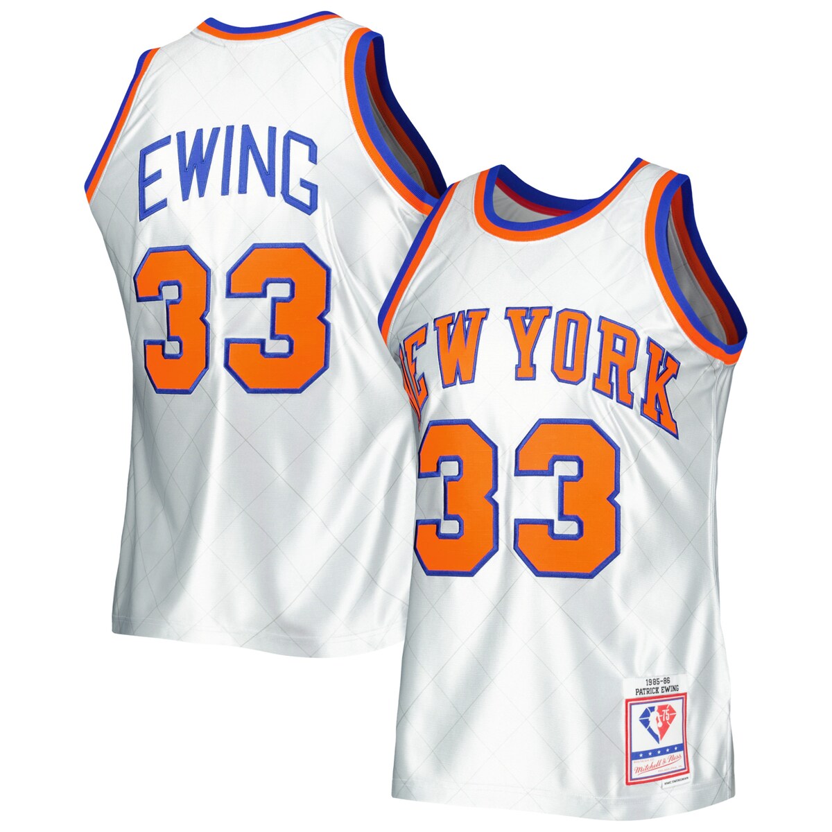 In the 75-year history of the NBA, the New York Knicks and Patrick Ewing have both played a major role in that story. This 1985/86 Mitchell & Ness Hardwood Classics Swingman jersey is the perfect way to celebrate that fact. The throwback aesthetic and platinum design provide you with a sleek piece of New York Knicks gear that allows you to showcase your appreciation for the impact Patrick Ewing made on the game of basketball.ImportedWoven jock tag at bottom hemSleevelessTwill applique graphics with embroidered detailMaterial: 100% PolyesterBottom hem with side splitsSwingmanOfficially licensedBrand: Mitchell & NessMachine wash, line dry