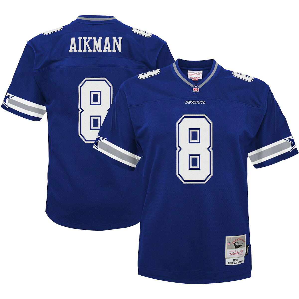 Help your kiddo rep one of the greatest players in Dallas Cowboys history with this Retired Player Legacy jersey from Mitchell & Ness. Its throwback design is inspired by the uniform Troy Aikman wore during his memorable seasons with the franchise. This jersey's remarkably detailed graphics and stitching help bring back all those cherished memories of watching Troy Aikman lead the Dallas Cowboys on the gridiron.Brand: Mitchell & NessOfficially licensedReplica Throwback JerseyMachine wash with garment inside out, tumble dry lowShort sleeveMaterial: 100% PolyesterV-neckSide splits at waist hemImportedWoven jock tagMesh fabricTackle twill graphics