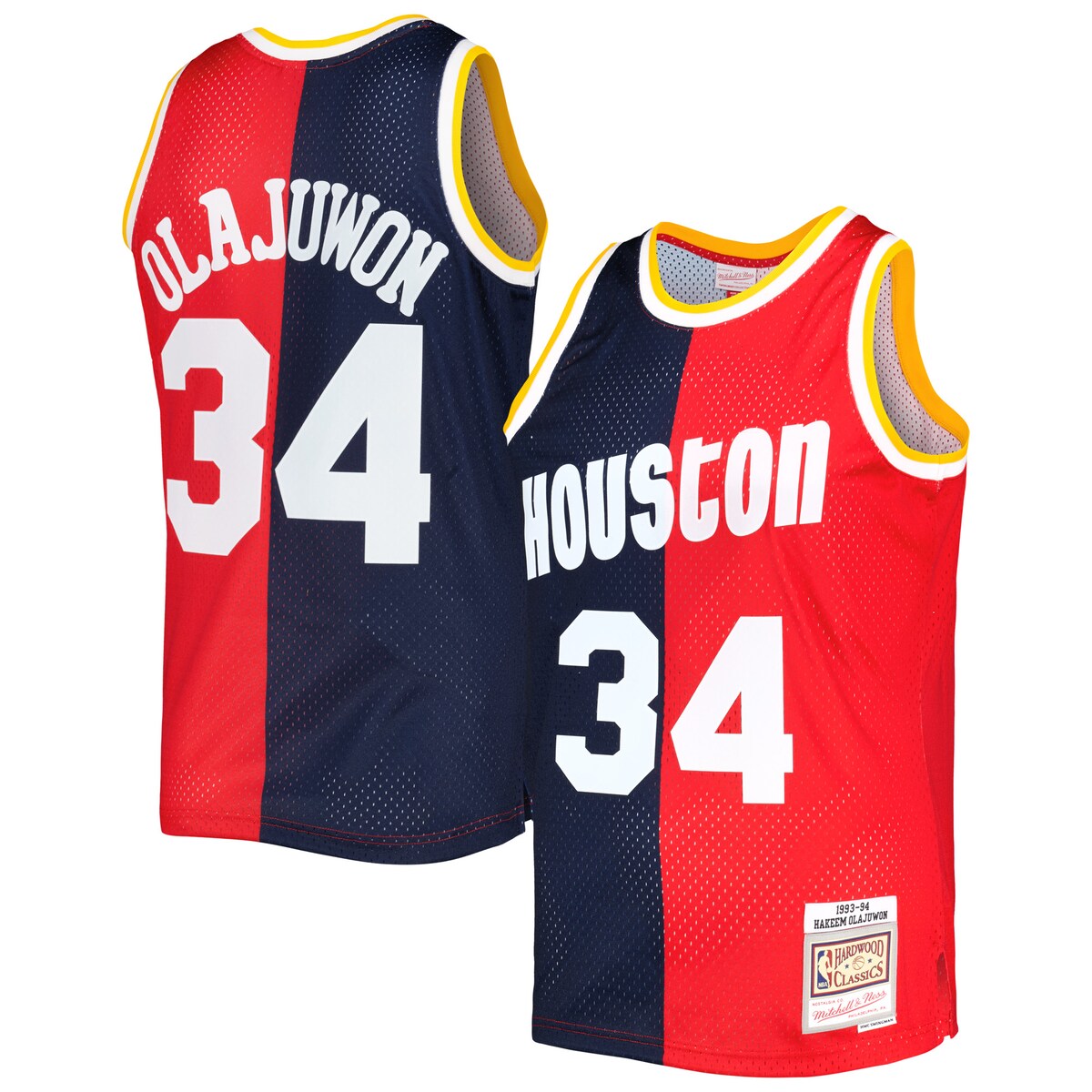 Showcase your timeless love for one of the Houston Rockets' greatest players of all time in a trendy, distinct way with this 1993/94 Hakeem Olajuwon Split Swingman jersey by Mitchell & Ness. This Hardwood Classics jersey features vibrant team and Hakeem Olajuwon graphics across a unique split design, allowing you to boast your spirit loud and proud. Additionally, the lightweight construction, sleeveless design and breezy mesh fabric bring comfort and breathability to your Houston Rockets fandom.Mesh fabricSwingman ThrowbackOfficially licensedMachine wash, line dryMaterial: 100% PolyesterSide splits at waist hemSleevelessBrand: Mitchell & NessImportedTackle twill appliquesCrew neckWoven jock tag