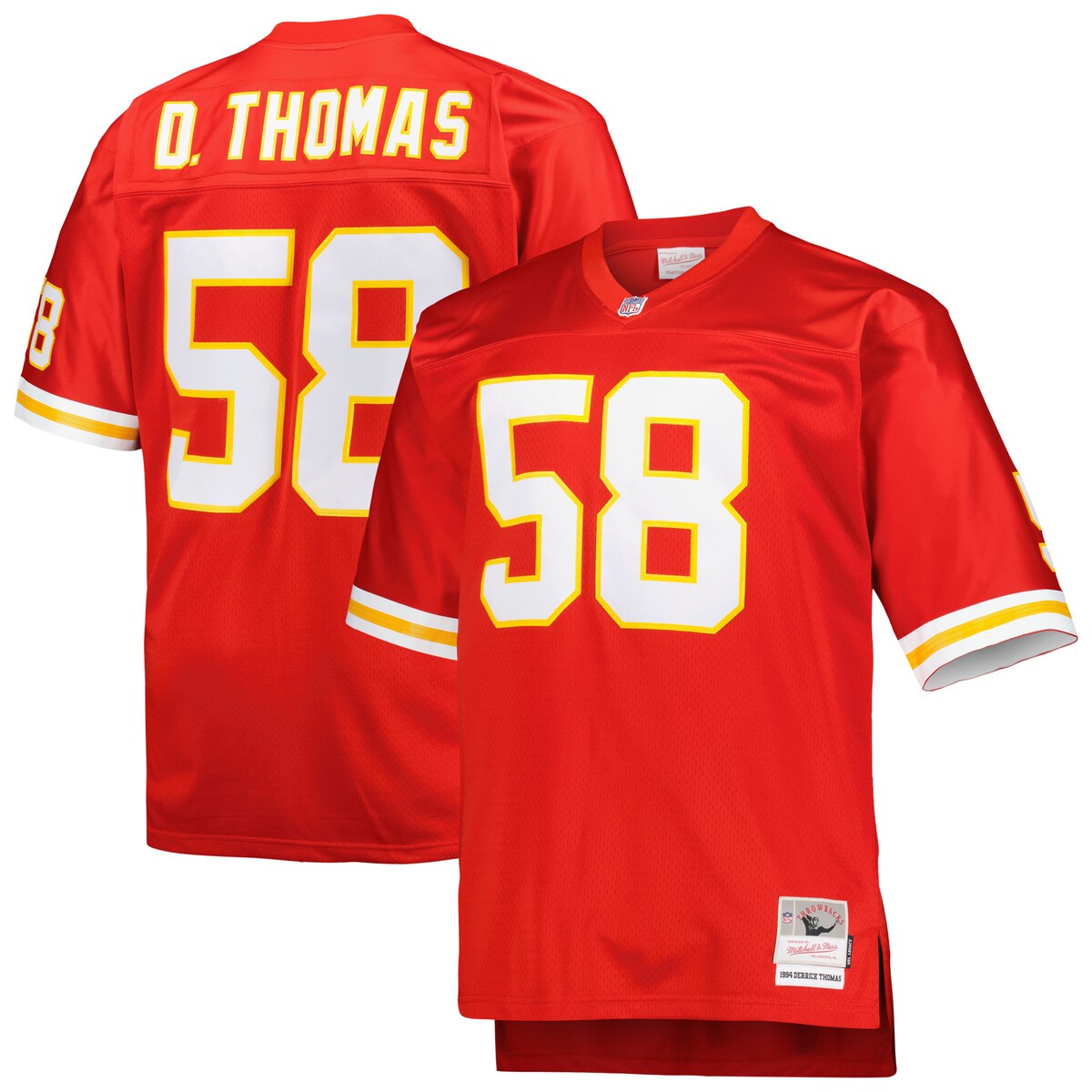 When you're gearing up for the gridiron action, celebrate one of the greatest players in the storied history of your franchise with this Derrick Thomas Kansas City Chiefs Retired Player jersey from Mitchell & Ness. The bold graphics make it clear where your allegiance lies on Sundays. The mesh fabric adds enhanced breathability for a comfortable game day experience.Stitched jock tag at bottom left hemOfficially licensedMachine wash, tumble dry lowV-neckMaterial: 100% PolyesterDrop tail hem with side splitsImportedMesh fabricBrand: Mitchell & NessStitched tackle twill letters and numbersBack neck tapingStitched fabric applique with player year and nameReplica Jersey