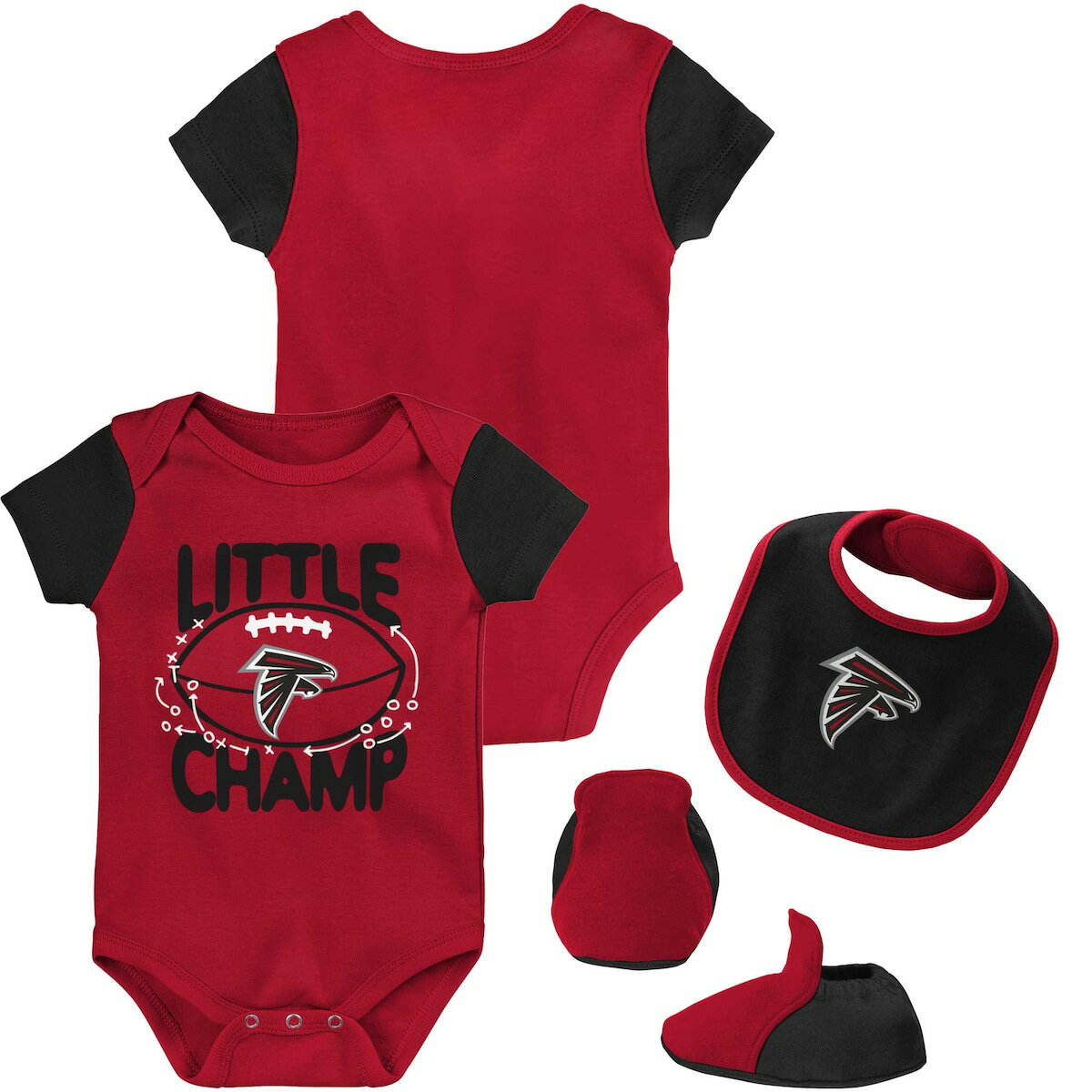 Let your little champ show off their blossoming Atlanta Falcons fandom in this adorable set. The bodysuit and bib feature vibrant Atlanta Falcons graphics as well as adjustable closures for easy accessibility. Pair them with the matching booties and you'll get the perfect outfit for your tiny bundle of joy.Brand: OuterstuffOfficially licensedMachine wash, tumble dry lowLap shoulder necklineMaterial: 100% CottonShort sleeveScreen print graphicsImportedThree snaps at bottom of bodysuitHook and loop closure on bibSet includes bodysuit, bib and booties