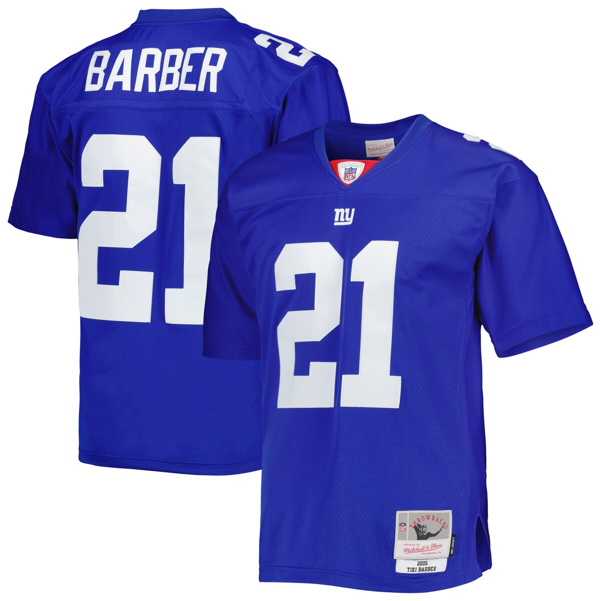 Display support for one of your all-time favorite New York Giants players with this Tiki Barber Legacy jersey from Mitchell & Ness. The bold New York Giants graphics help you showcase a devotion to Tiki Barber that stands the test of time. Mesh fabric also adds breathability to help keep you cool while enjoying the action on the gridiron.V-neckStitched tackle twill appliqueOfficially licensedWoven tags at bottom hemReplica JerseyImportedBack neck tapingMaterial: 100% PolyesterMachine wash, line dryBrand: Mitchell & NessDroptail hem with side splitsEmbroidered NFL Shield at collarEmbroidered fabric appliqueHeat-sealed stripesMesh fabricShort sleeve