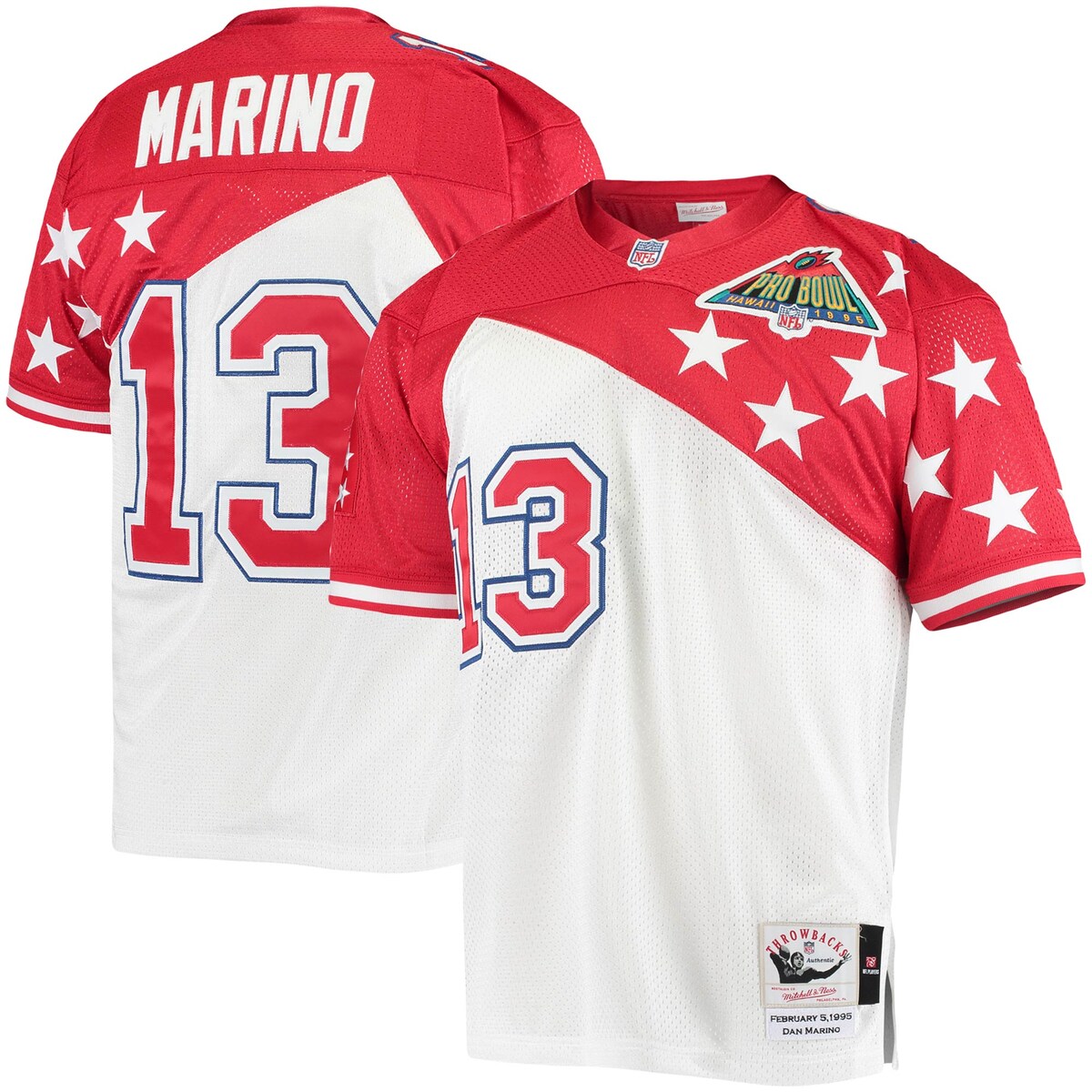 Throw it back to when Dan Marino was one of the NFL's top players with this 1994 Pro Bowl Authentic jersey from Mitchell & Ness. Following a strong season for the Miami Dolphins, Dan Marino earned his way onto the AFC's roster, and this piece replicates the jersey he wore on the field with its tackle twill graphics and felt jock tag at the bottom left hem.Machine wash, line dryAuthentic Throwback JerseyTackle twill graphicsMaterial: 100% Polyester - Body; 87% Nylon/13% Spandex - InsetsNFL shield applique sewn at collarImportedOfficially licensedV-neckSide splits at hemMesh fabricBrand: Mitchell & NessEmbroidered fabric appliqueShort sleeveSewn-on felt player jock tag at bottom left hem